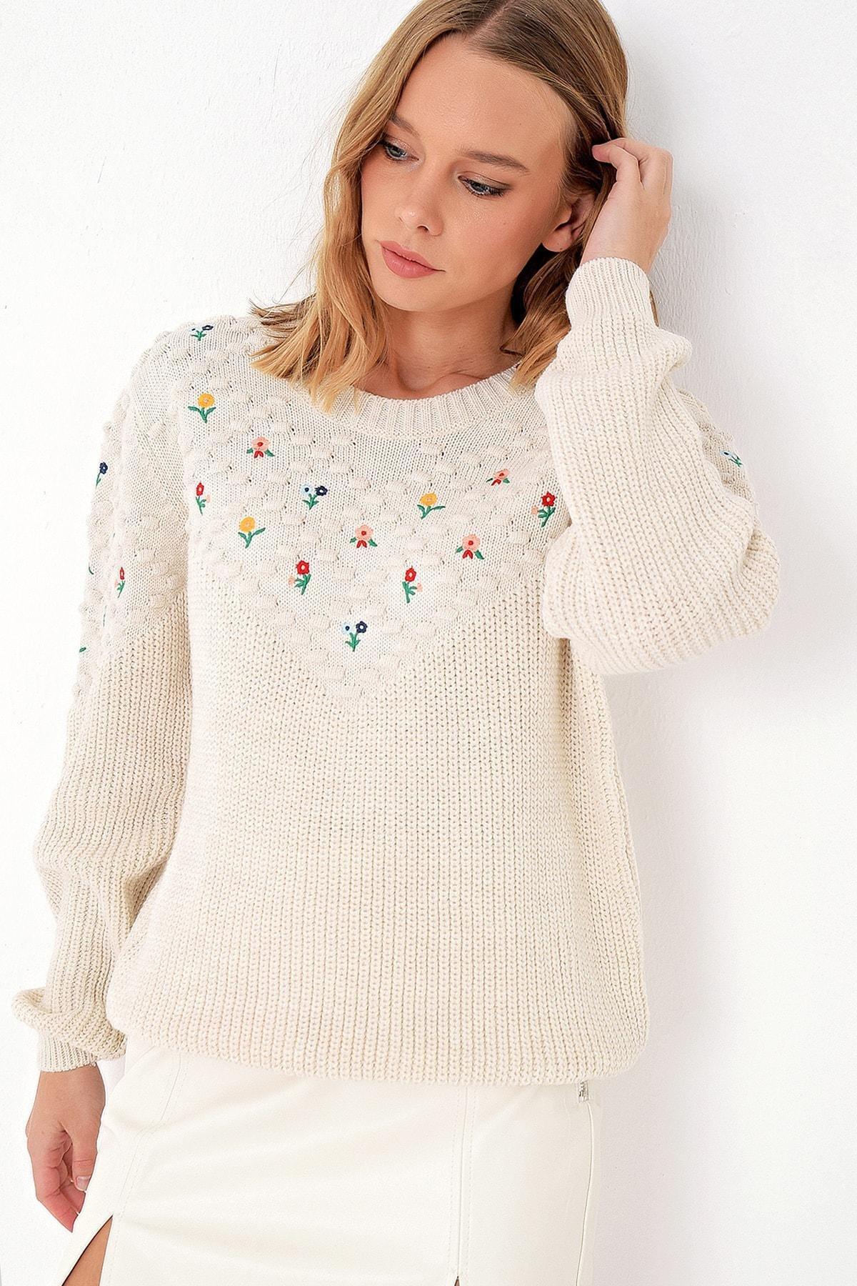 Ecru Floral Oversized Sweater, Ecru, large image number 1