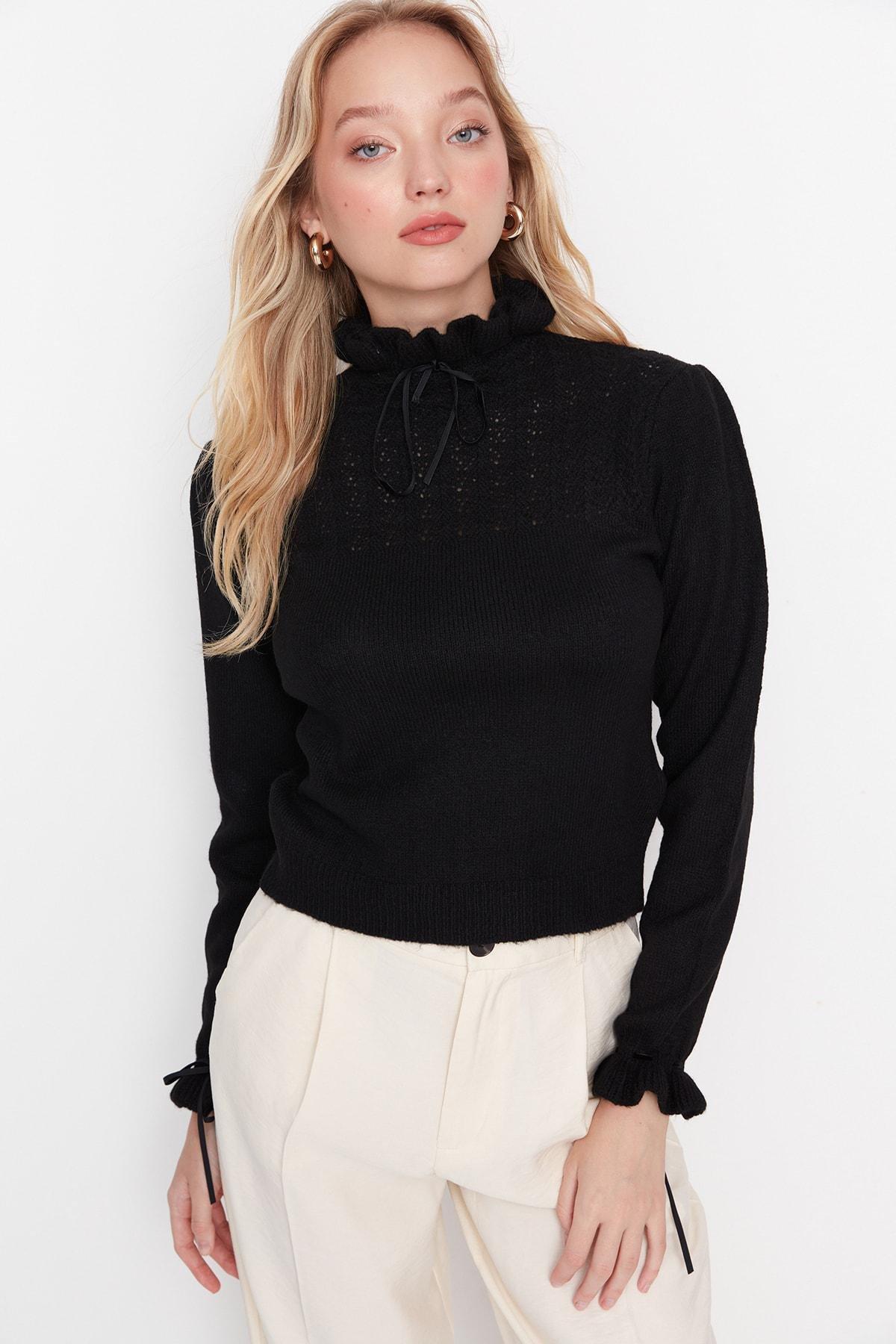 Black Detailed Acrylic Sweater, , large image number 0