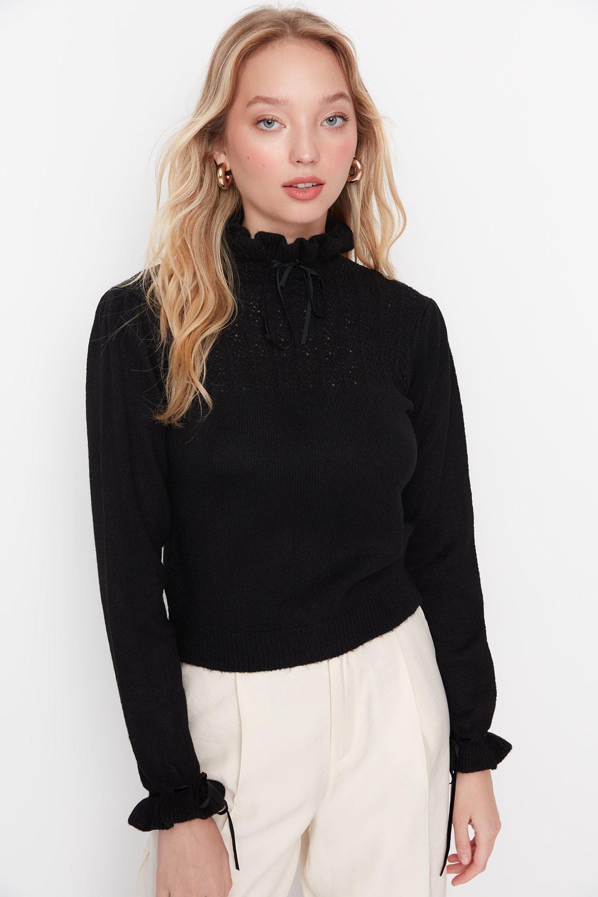 Black Detailed Acrylic Sweater, , large image number 1