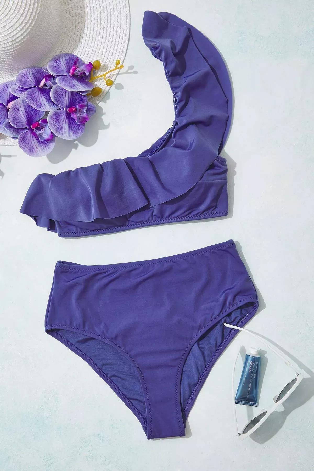 Blue One Shoulder Ruffle Bikini Top, C101_5800, large image number 7