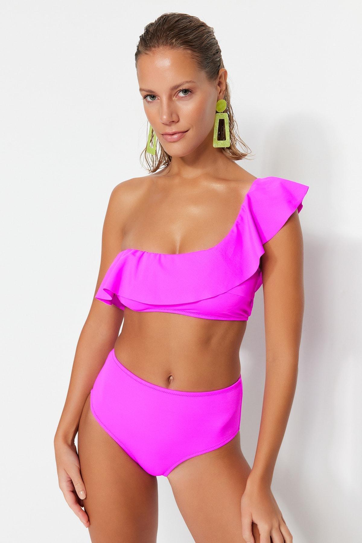 Pink Ruffled One Shoulder Bikini Top, , large image number 0