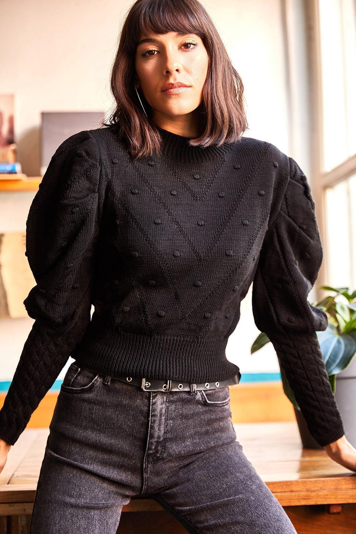 Black Textured Cropped Sweater, BLACK, large image number 3