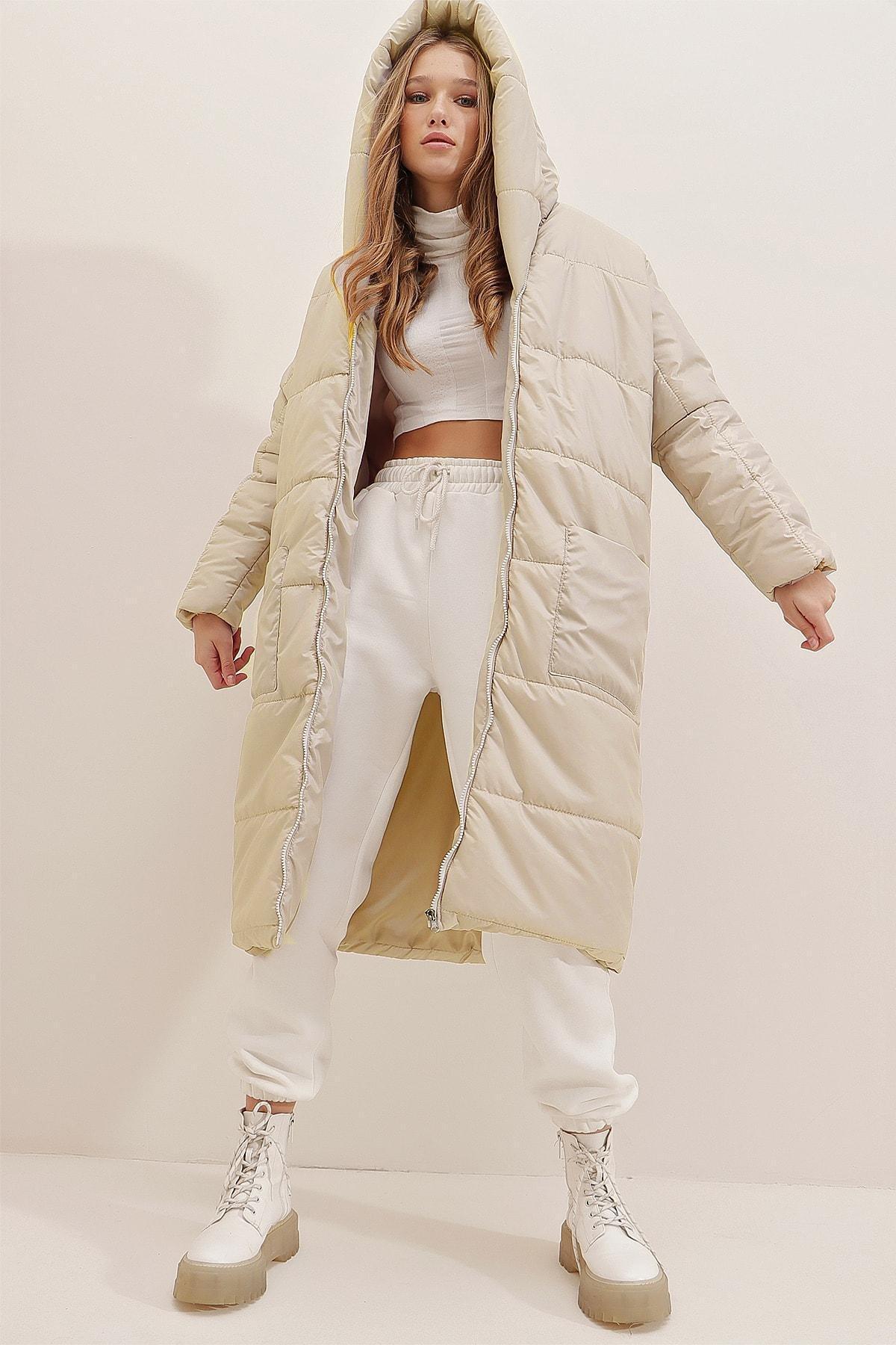 Beige Hooded Oversized Long Puffer Coat, Gray, large image number 0