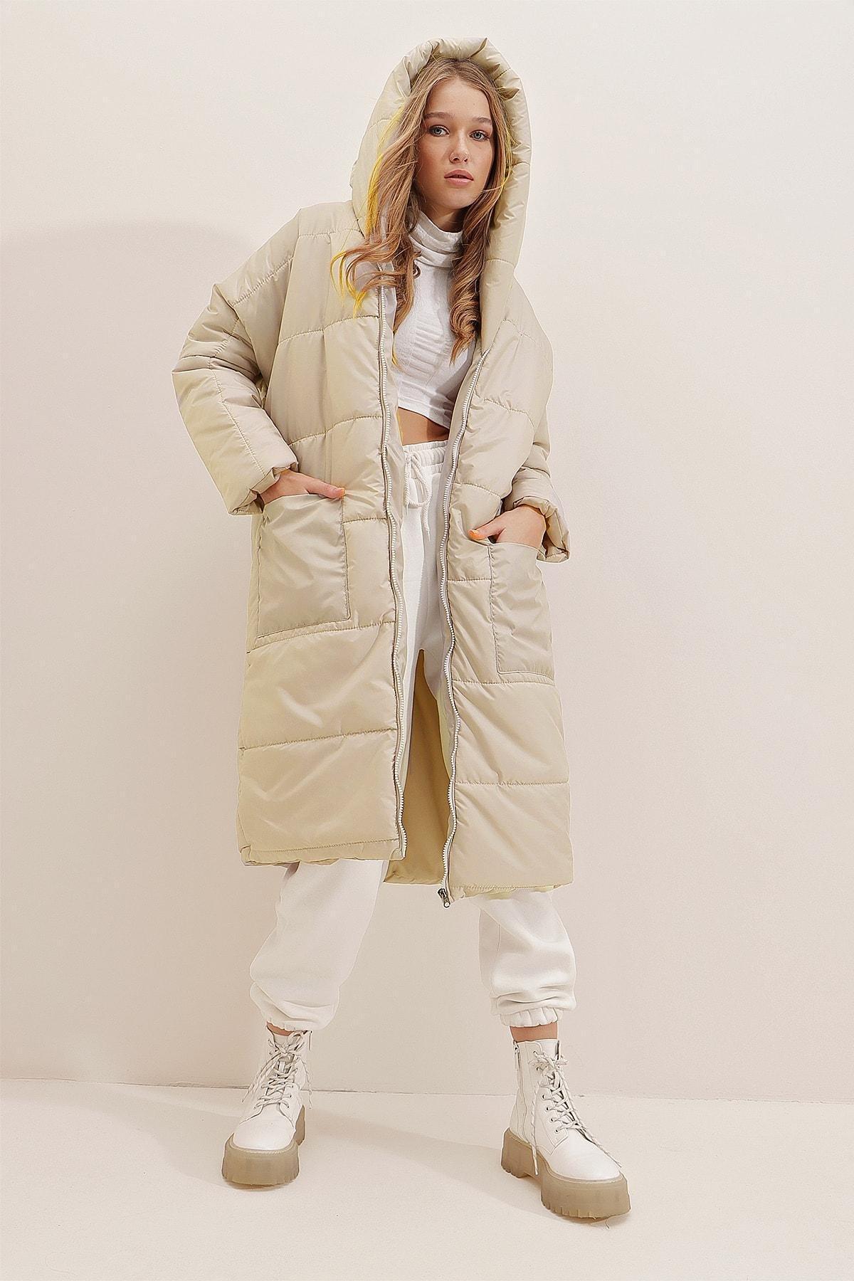Beige Hooded Oversized Long Puffer Coat, Gray, large image number 1