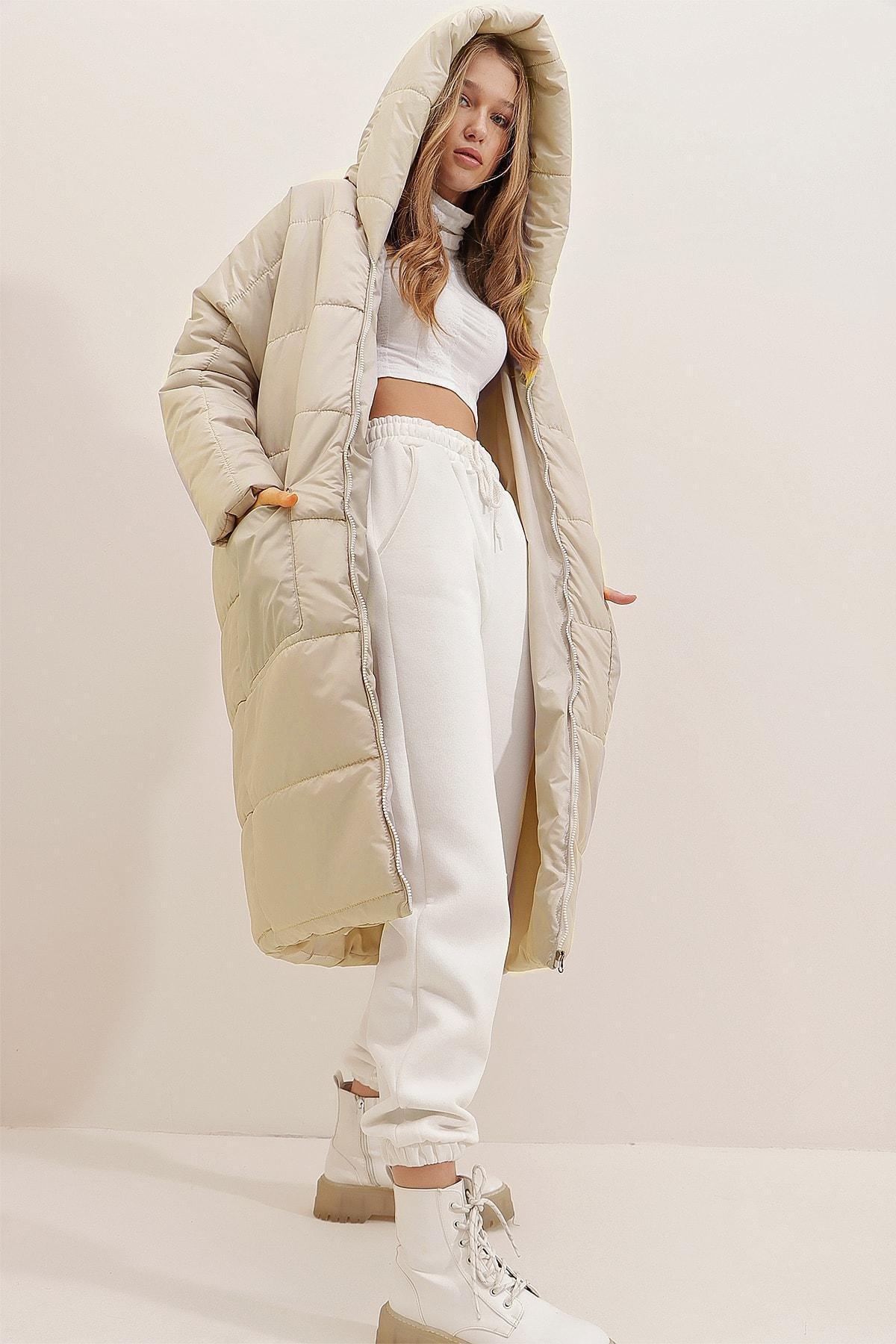 Beige Hooded Oversized Long Puffer Coat, Gray, large image number 2