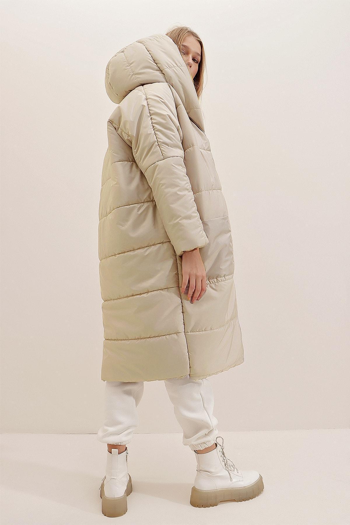 Beige Hooded Oversized Long Puffer Coat, Gray, large image number 3