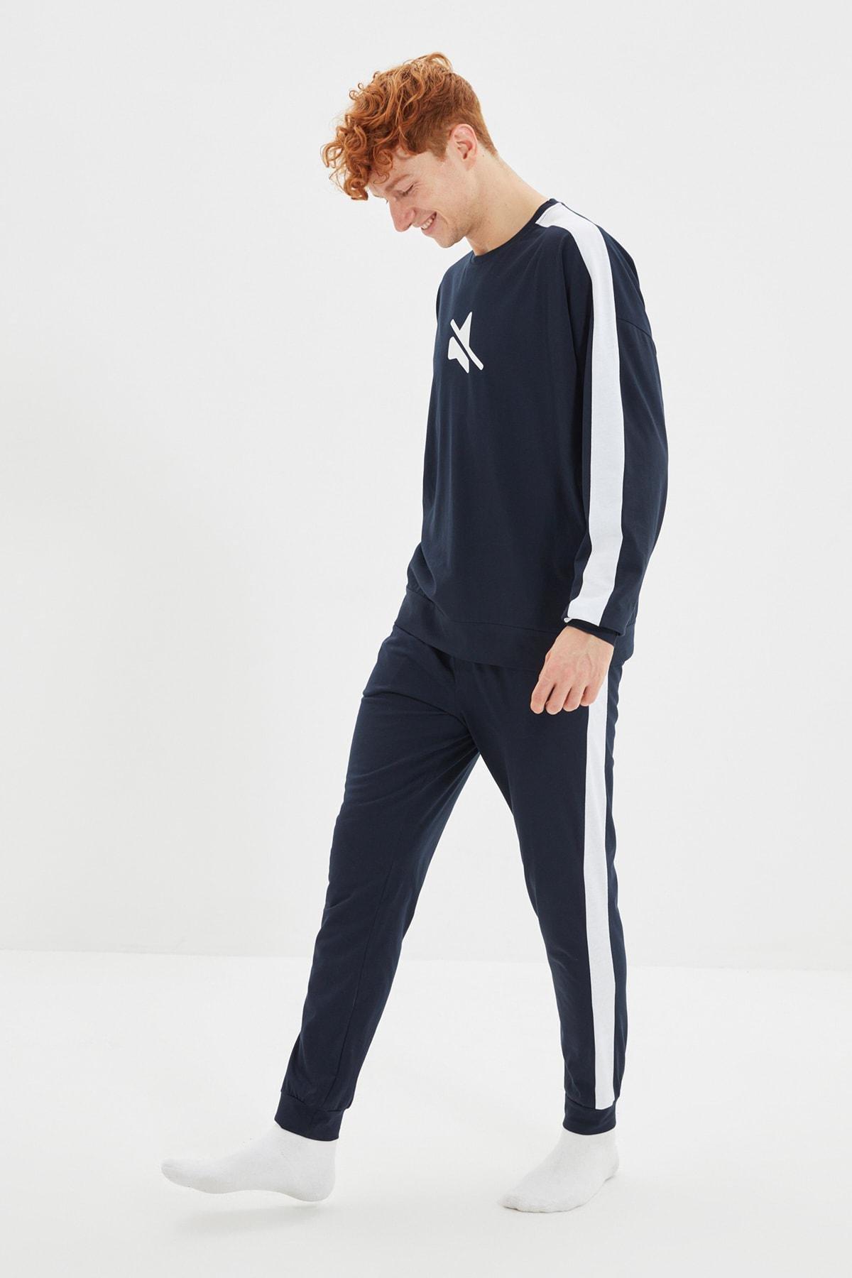 Navy Printed Striped Pyjamas Set, , large image number 0