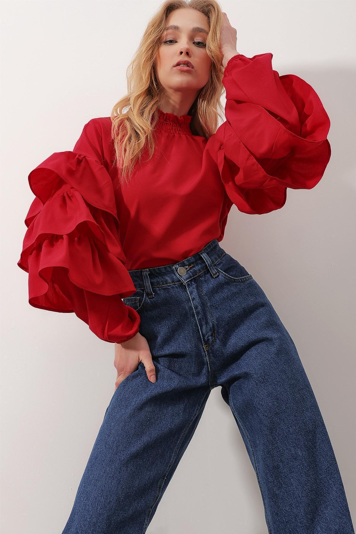Red High-Neck Ruffle Sleeve Blouse, , large image number 0