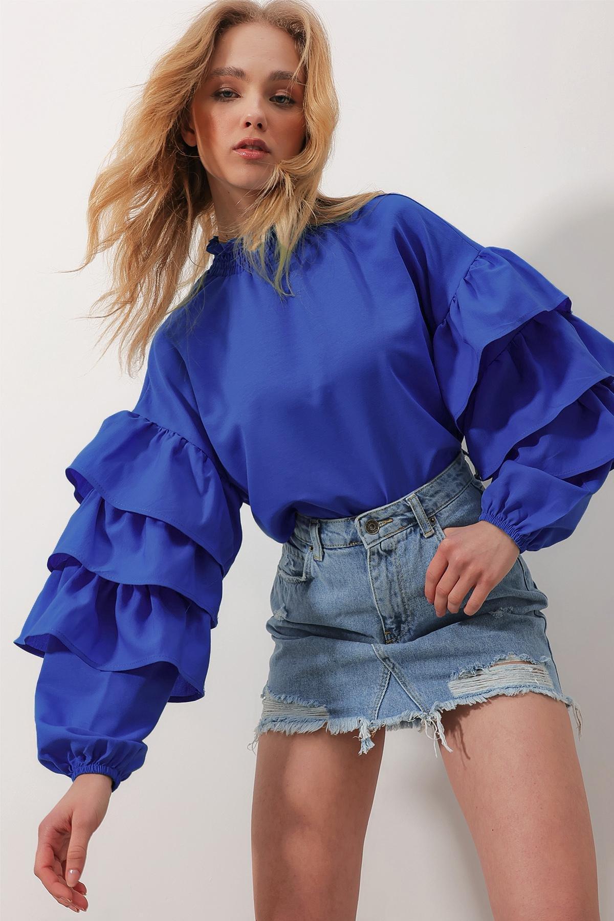 Alacati - Blue High-Neck Ruffle Sleeve Blouse