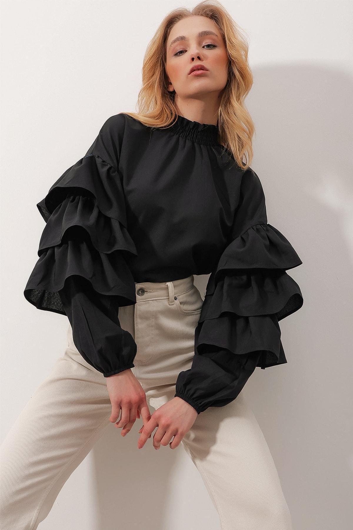 Black High-Neck Ruffle Sleeve Blouse, C101_7009, large image number 0