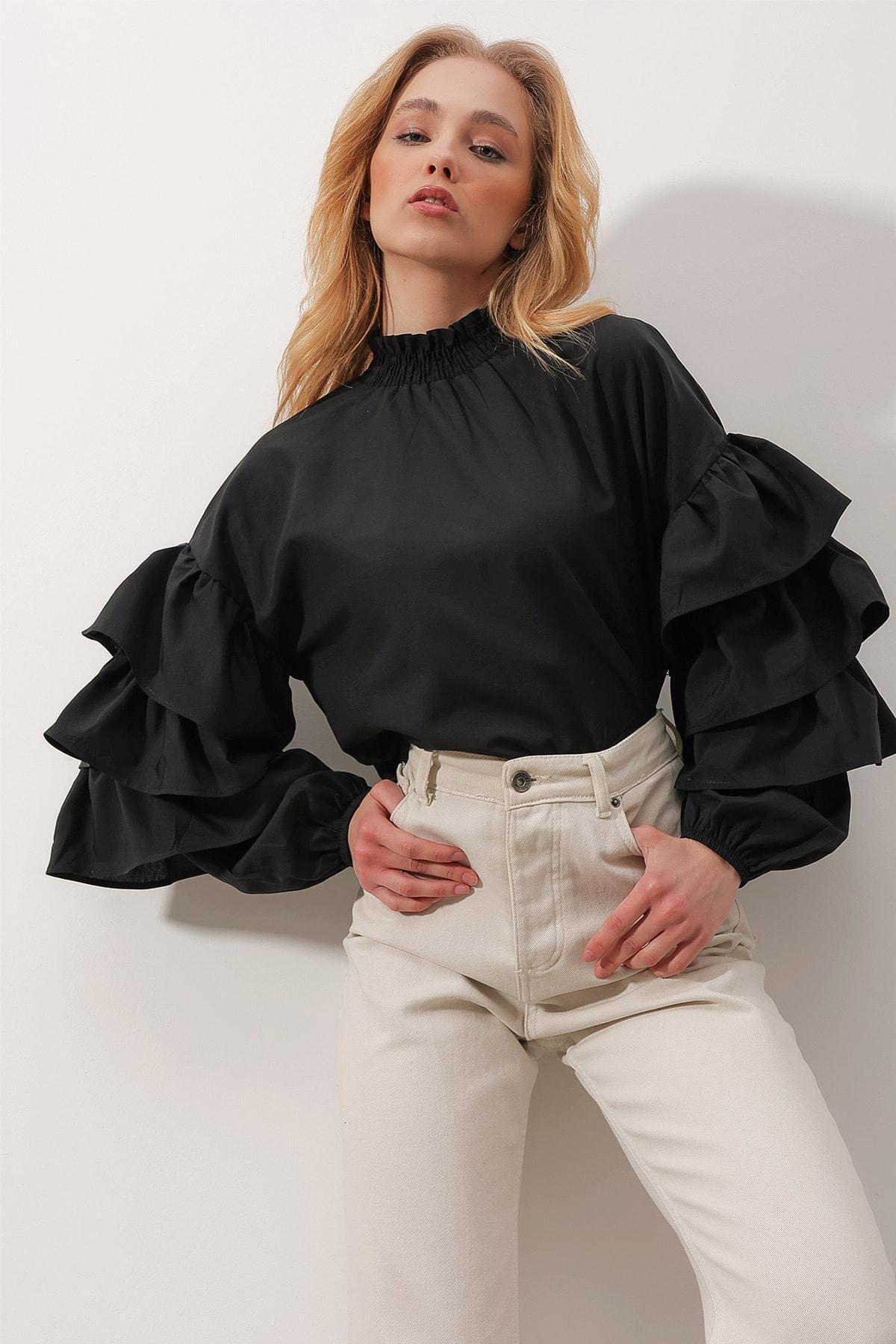Black High-Neck Ruffle Sleeve Blouse, C101_7009, large image number 1
