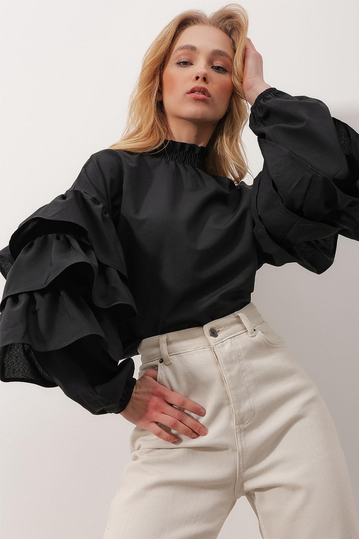 Black High-Neck Ruffle Sleeve Blouse, C101_7009, large image number 2