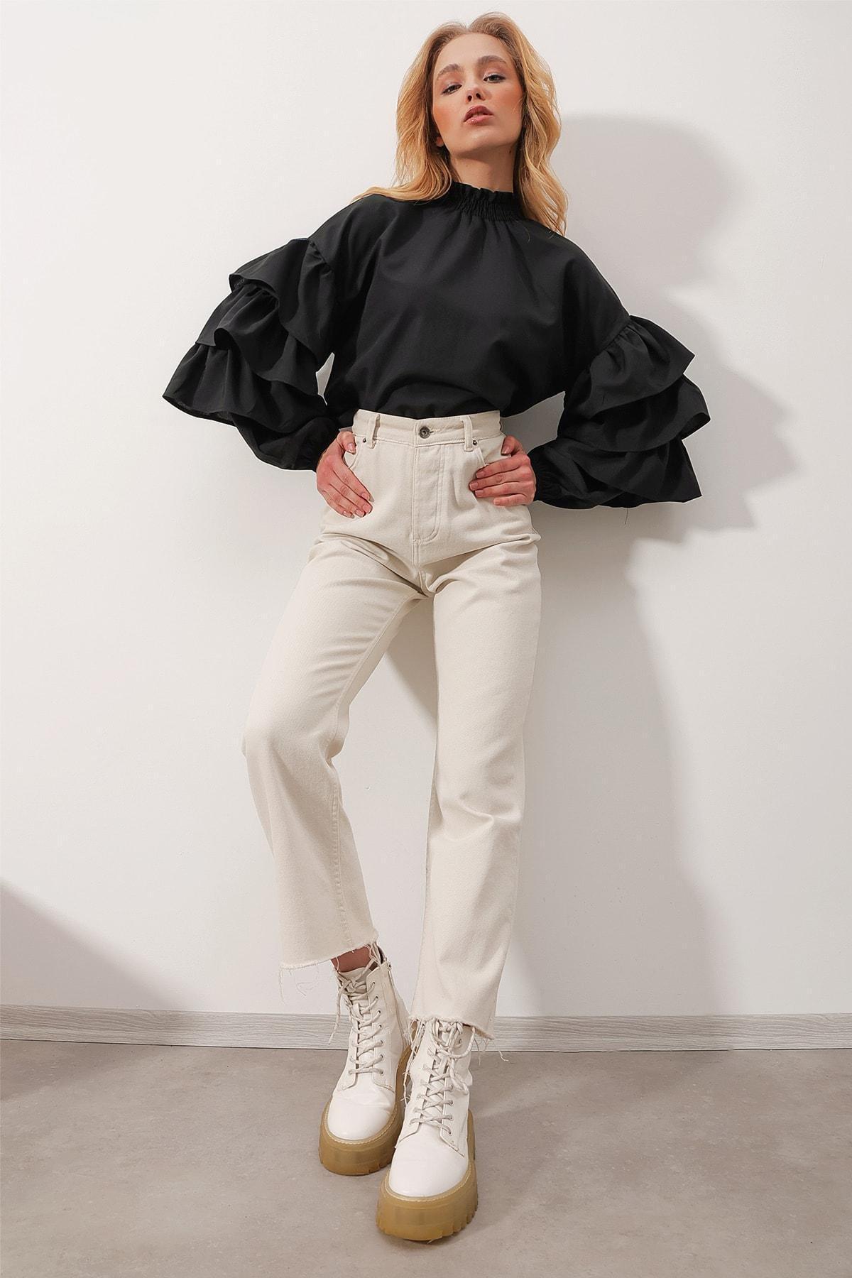 Black High-Neck Ruffle Sleeve Blouse, C101_7009, large image number 3