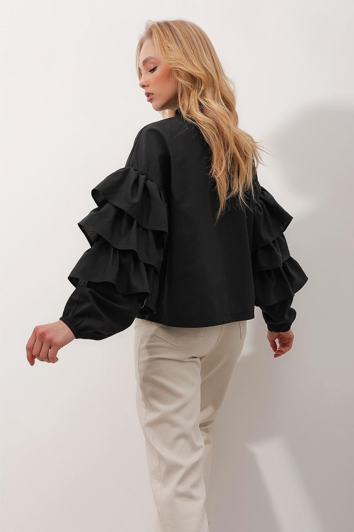 Black High-Neck Ruffle Sleeve Blouse, C101_7009, large image number 4
