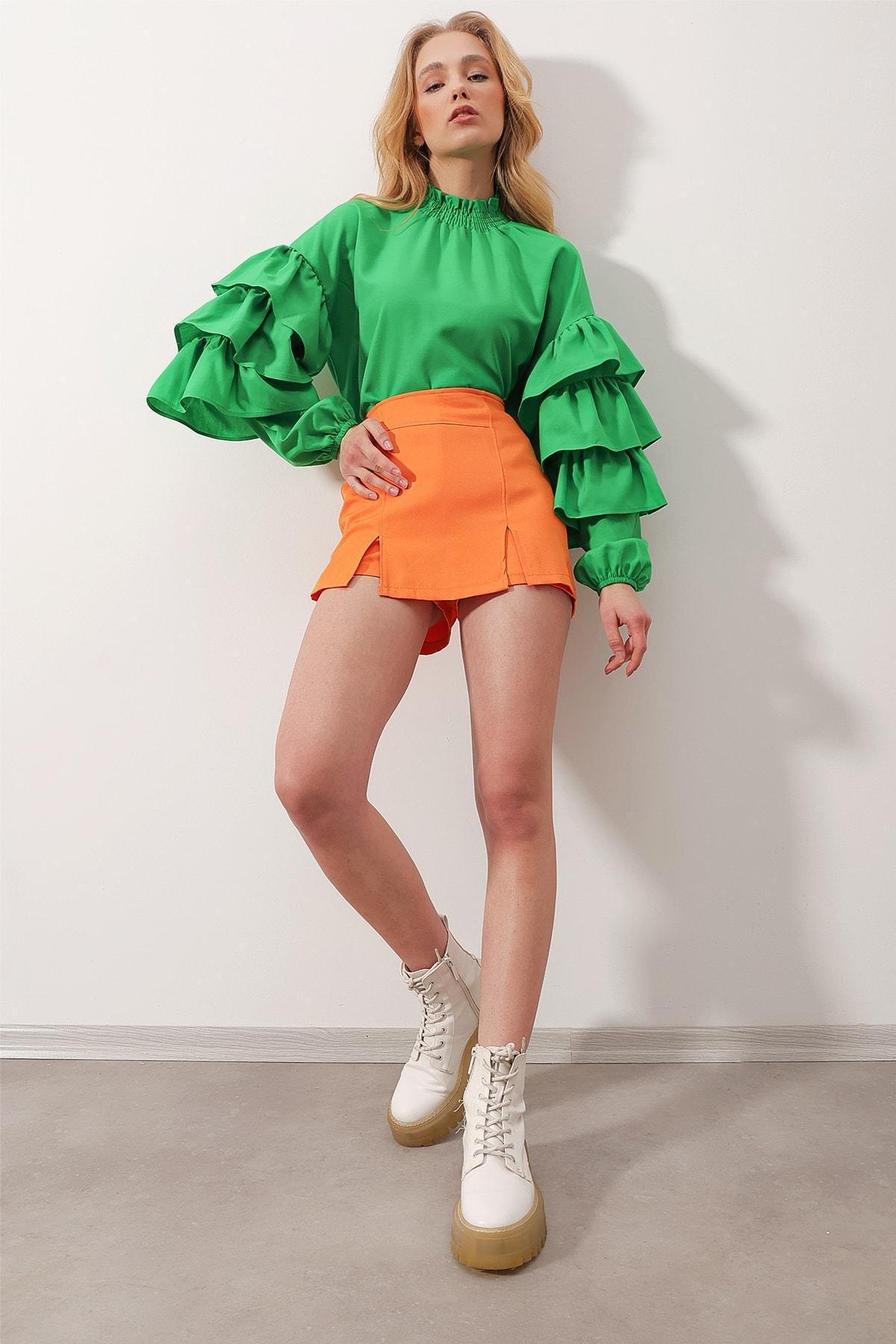 Green High Neck Ruffle Sleeve Blouse, Green, large image number 1