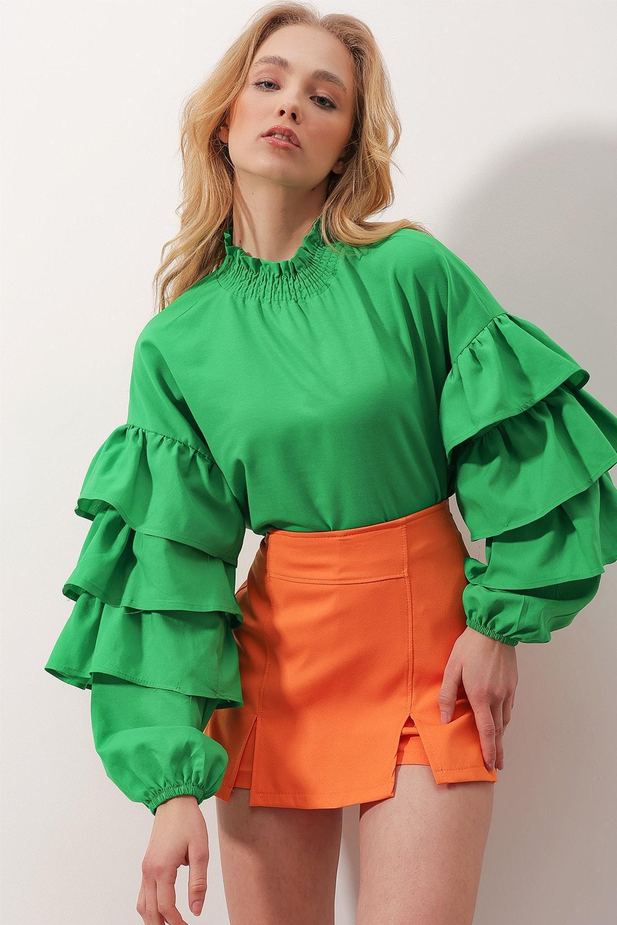 Green High Neck Ruffle Sleeve Blouse, Green, large image number 2