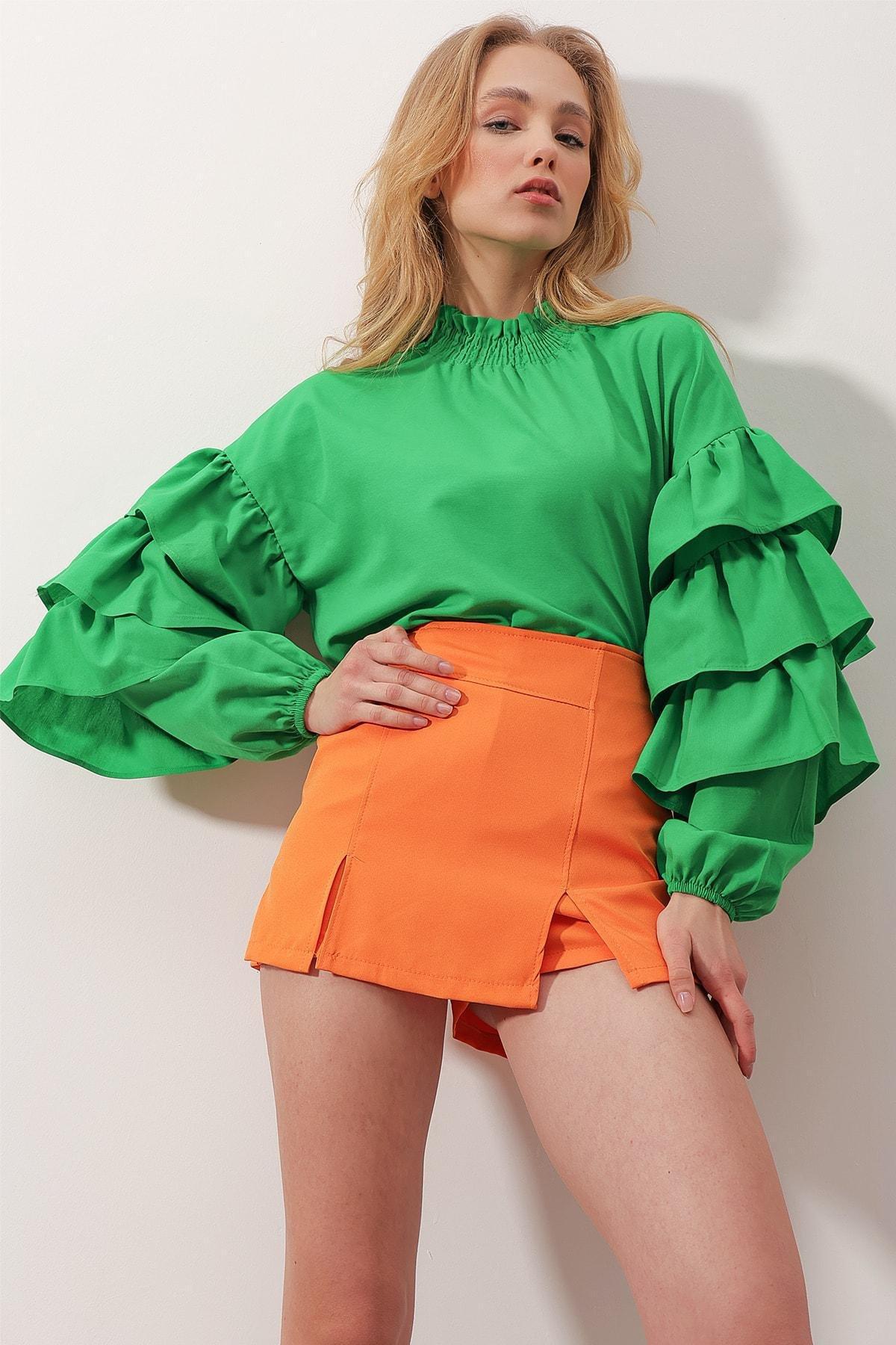 Green High Neck Ruffle Sleeve Blouse, Green, large image number 3