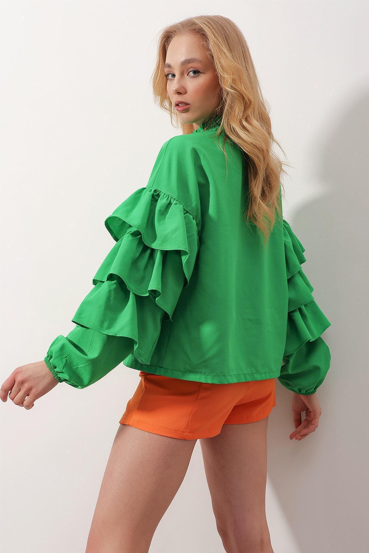 Green High Neck Ruffle Sleeve Blouse, Green, large image number 4