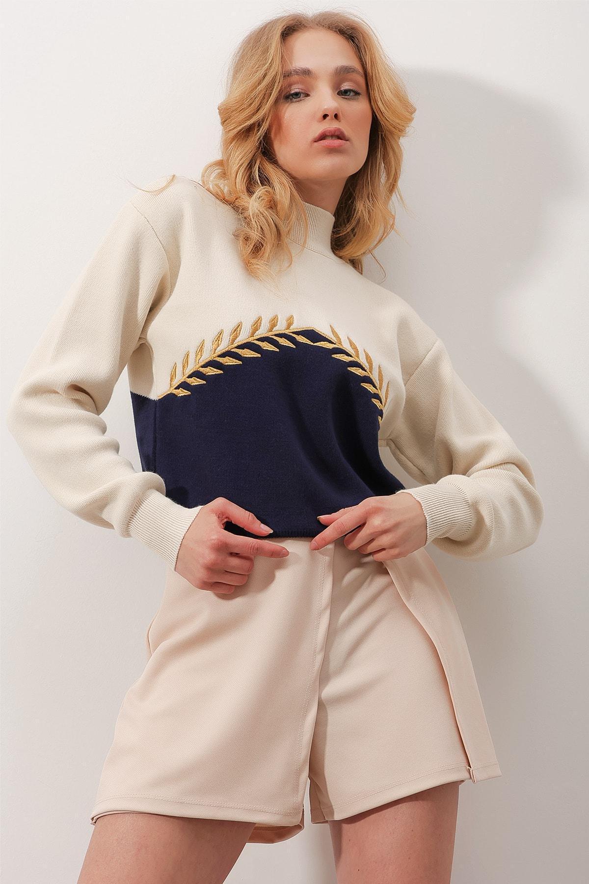 Cream Colourblock Sweater, Ecru, large image number 1