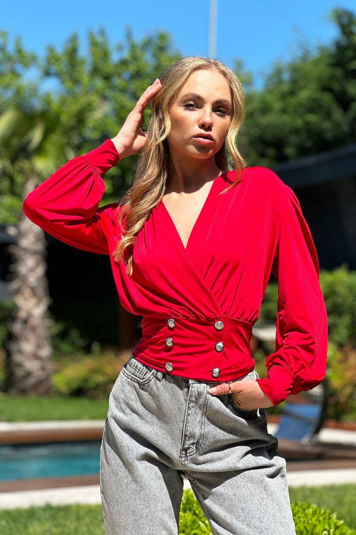 Red Party Cropped Blouse, , large image number 1