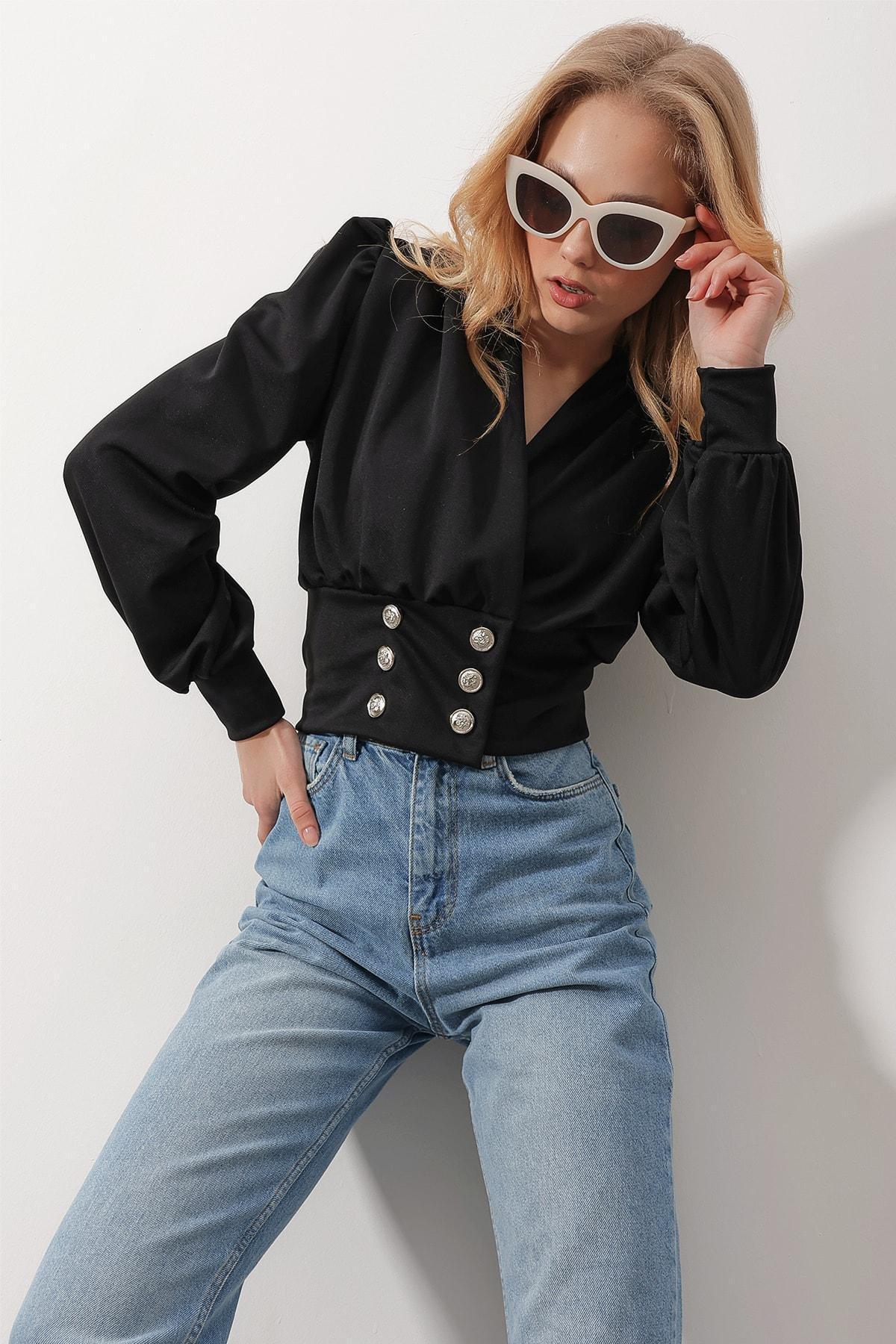 Black Double-Breasted Princess Sleeve Crop Top, , large image number 0