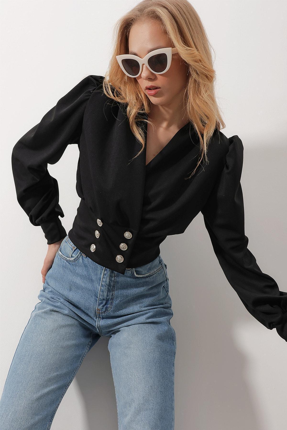 Black Double-Breasted Princess Sleeve Crop Top, , large image number 1
