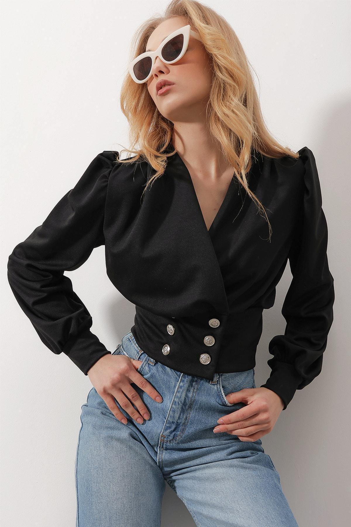 Black Double-Breasted Princess Sleeve Crop Top, , large image number 3