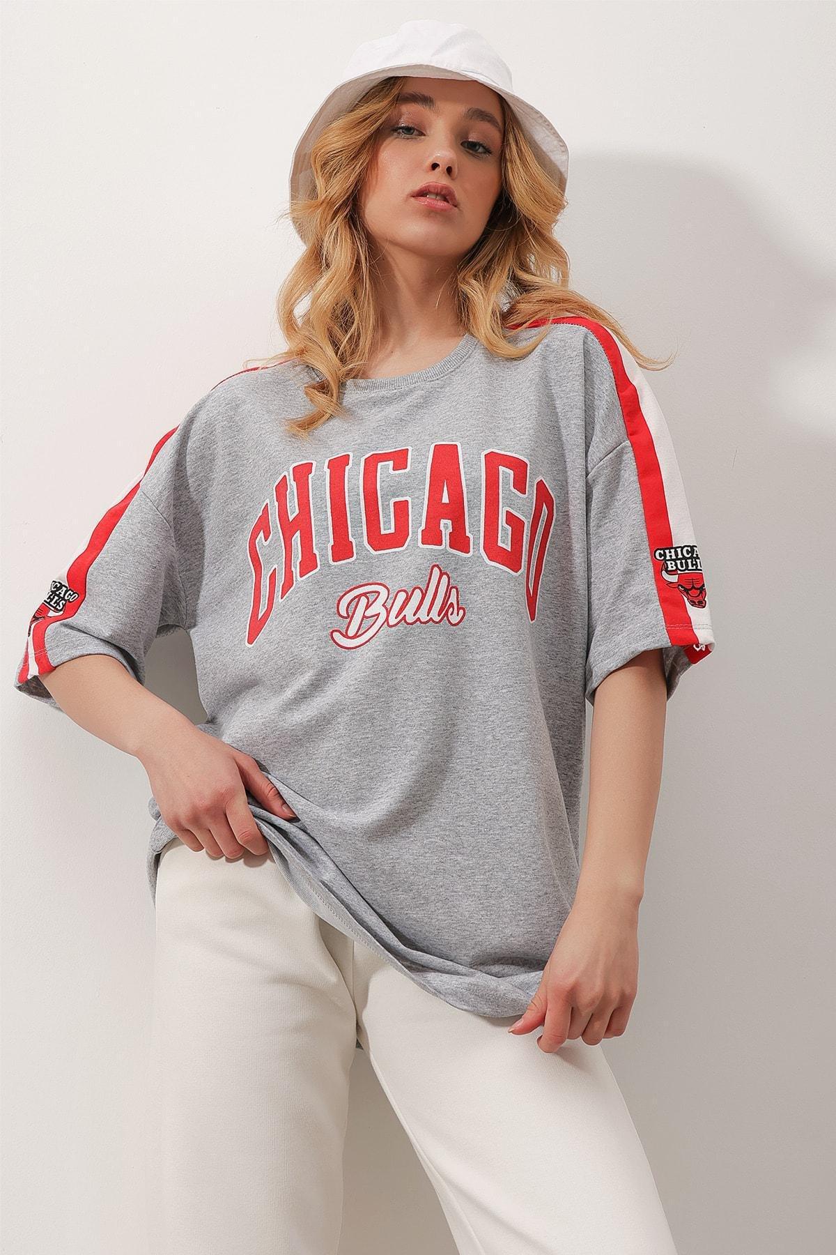 Grey Crew Neck Printed Oversized T-Shirt, , large image number 1