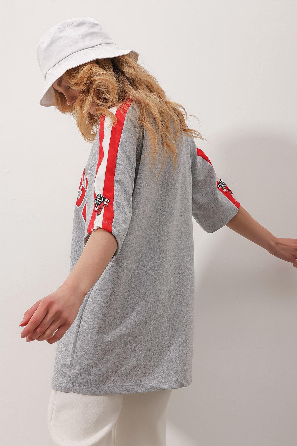 Grey Crew Neck Printed Oversized T-Shirt, , large image number 3