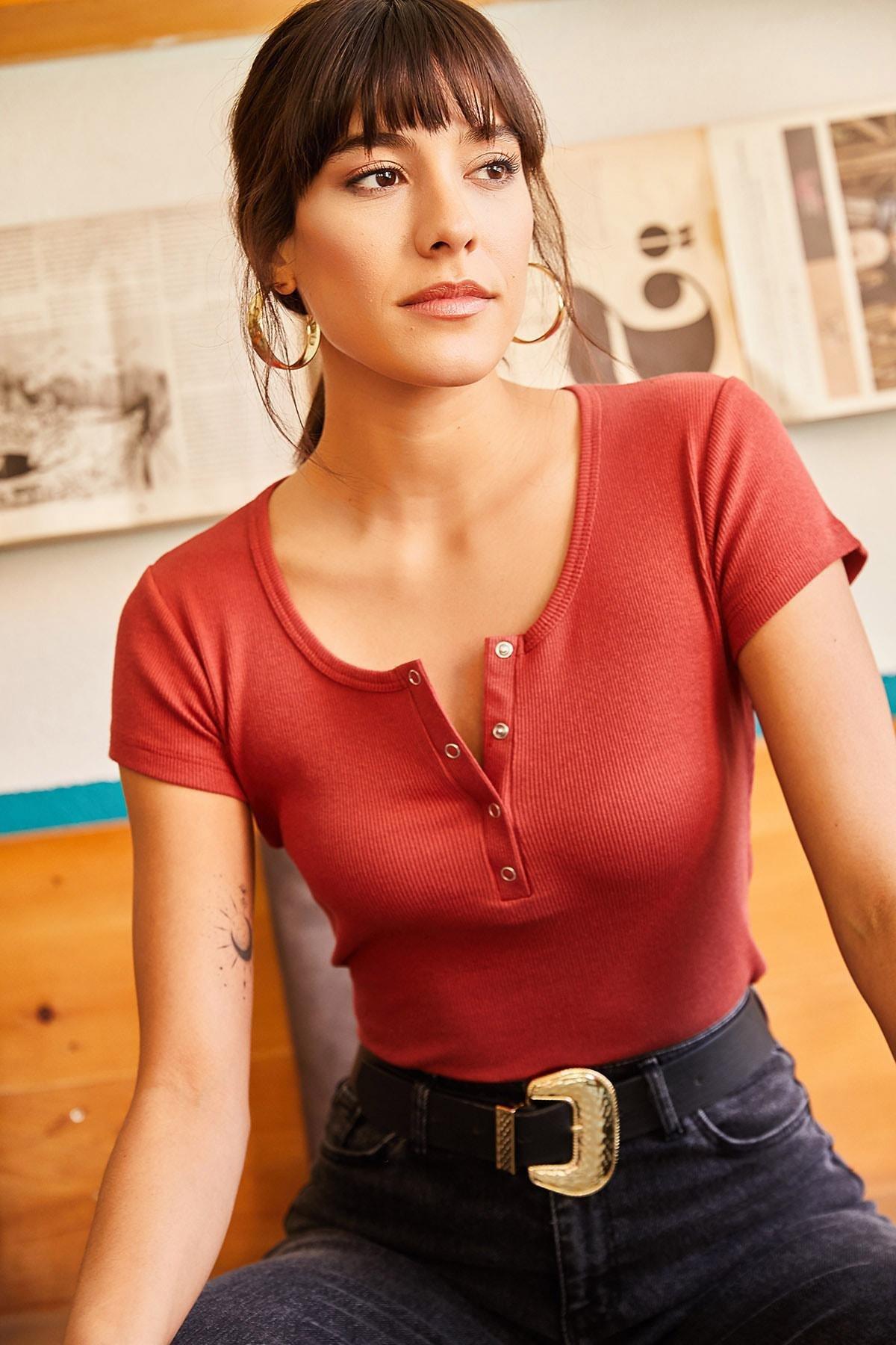 Orange Buttoned Fitted Blouse, , large image number 1