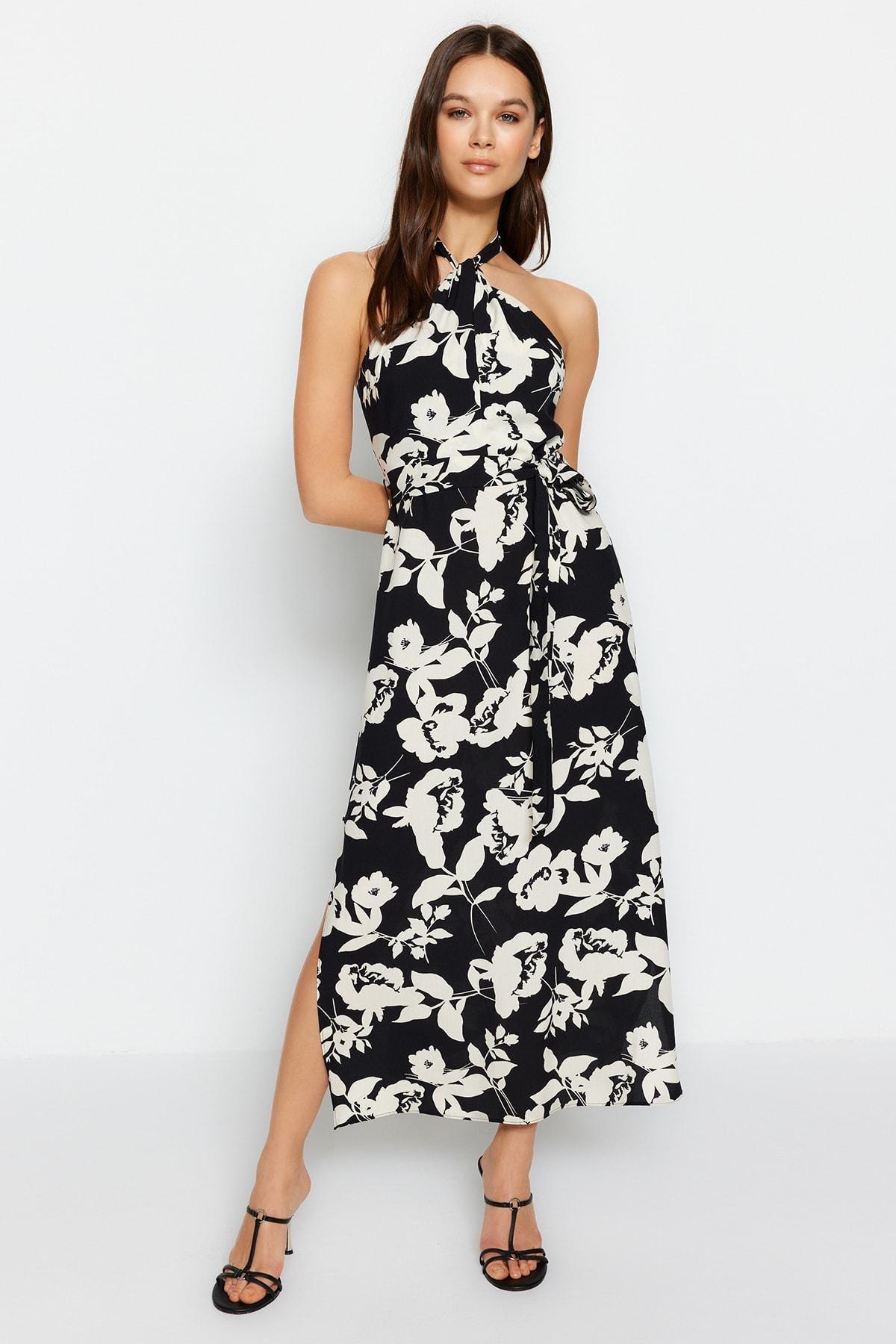 Black Floral A-Line Dress, Black, large image number 0