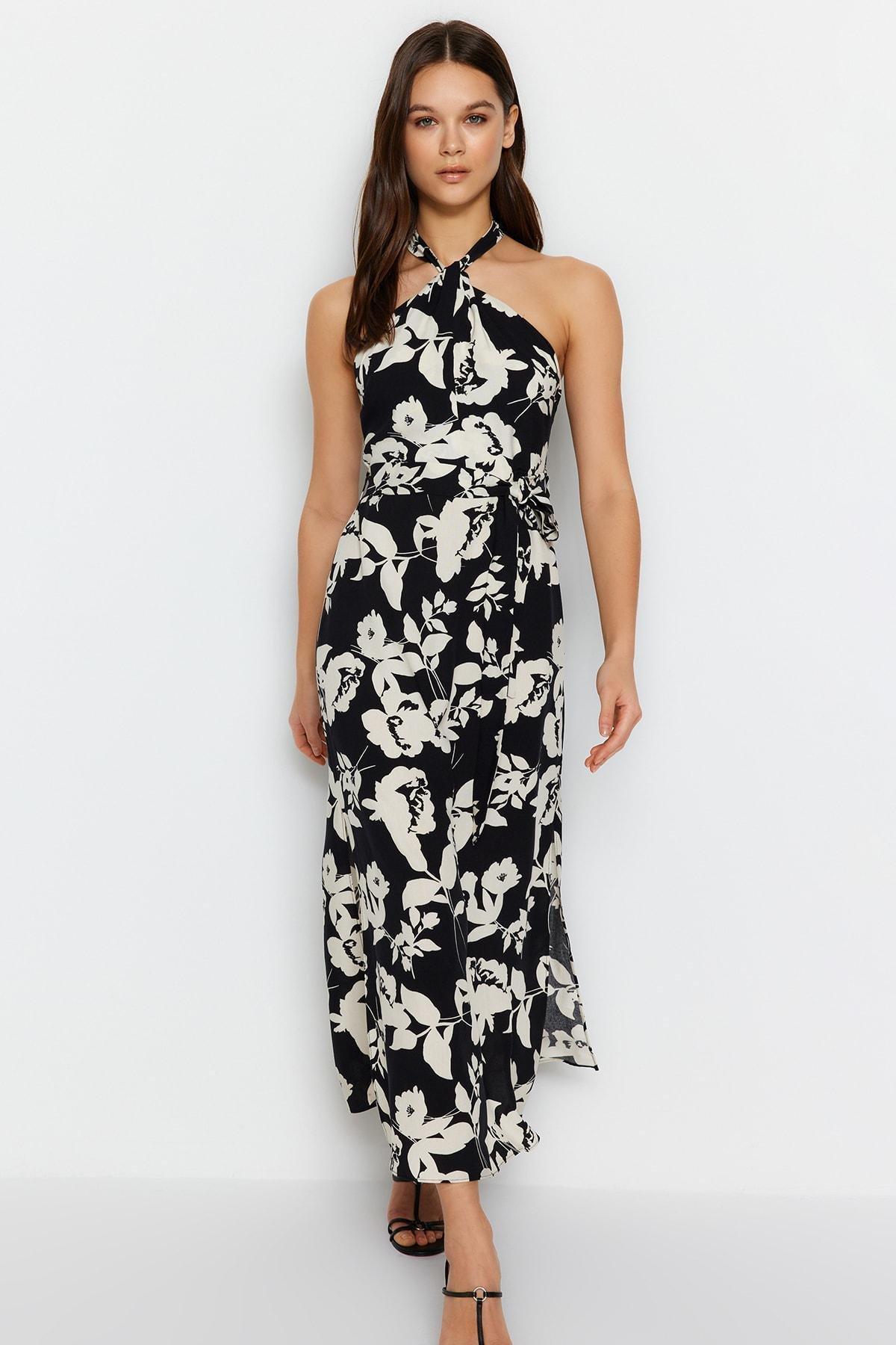 Black Floral A-Line Dress, Black, large image number 1