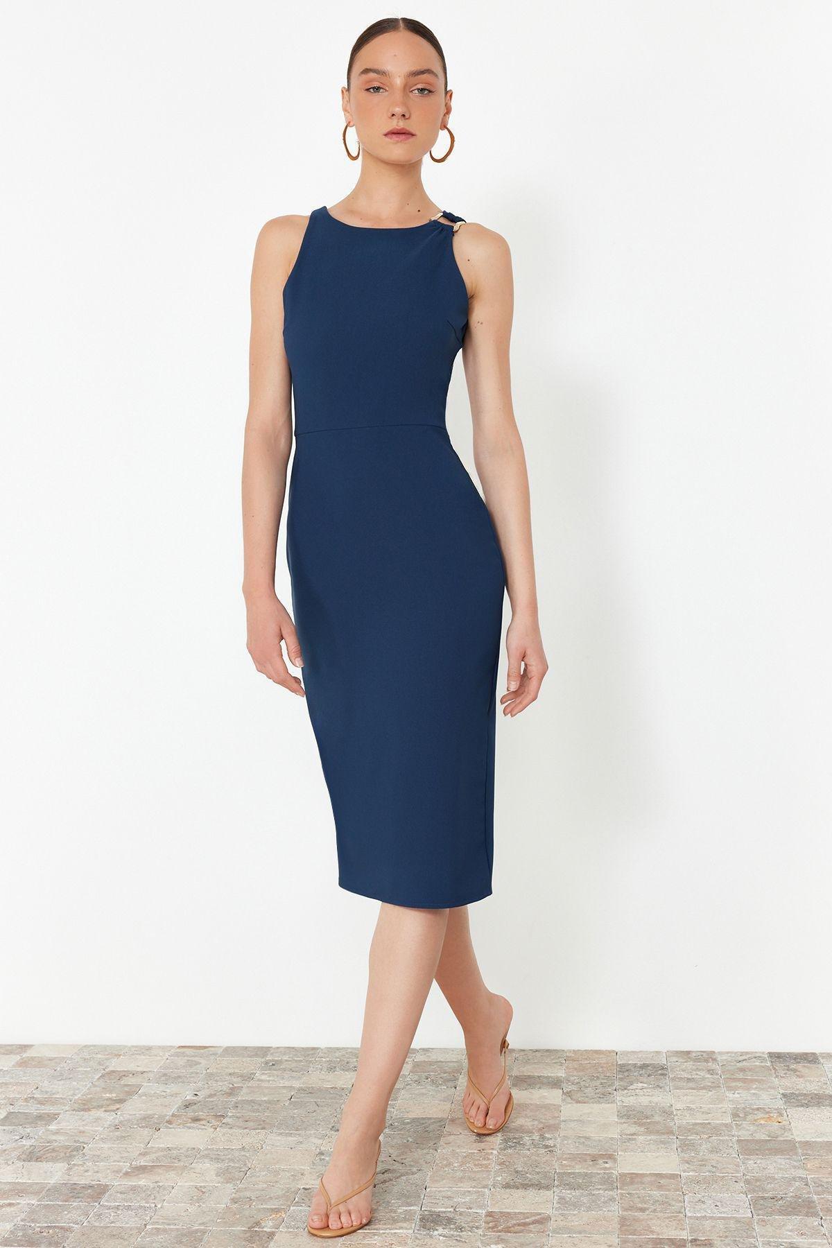 Blue Midi Detailed Collared Woven Dress, , large image number 0