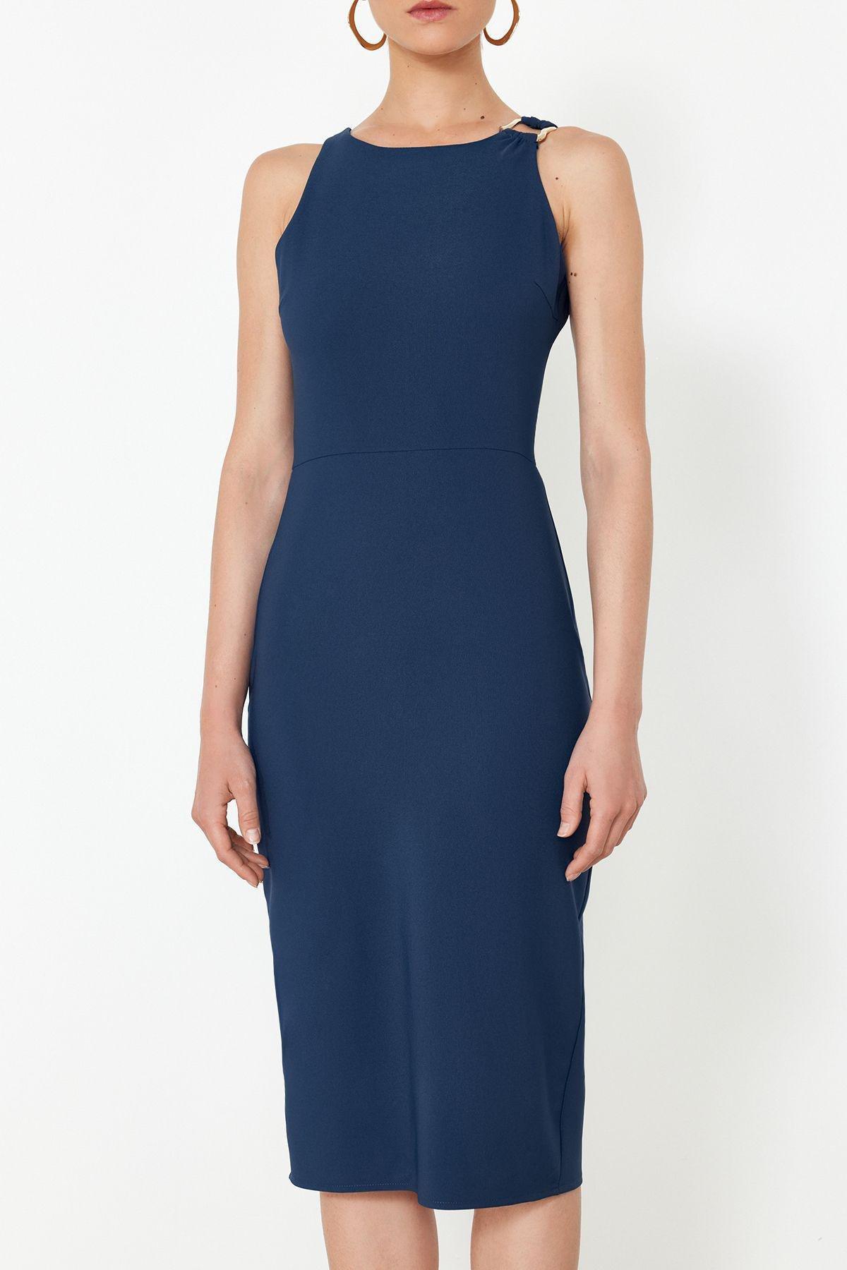Blue Midi Detailed Collared Woven Dress, , large image number 2
