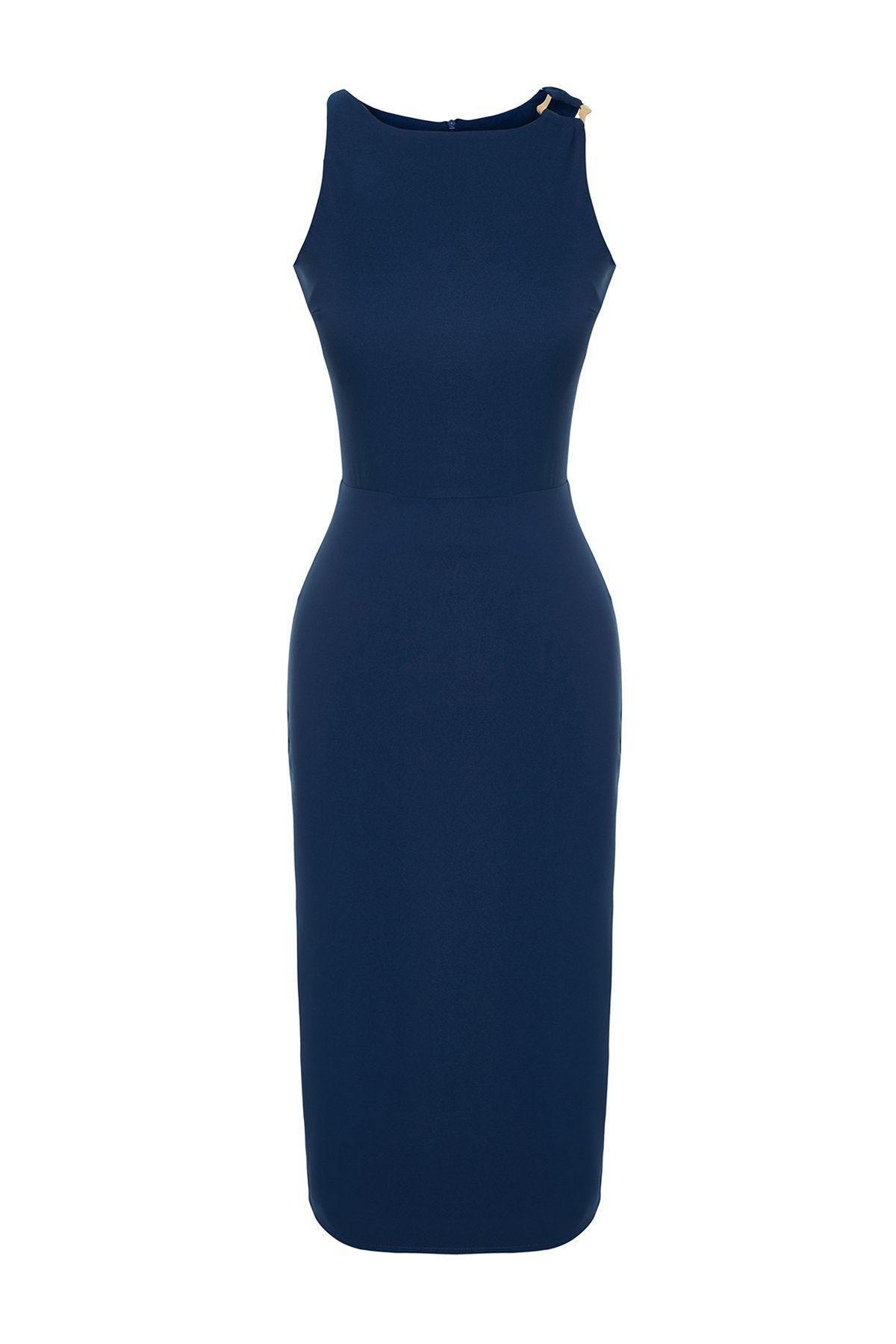 Blue Midi Detailed Collared Woven Dress, , large image number 5
