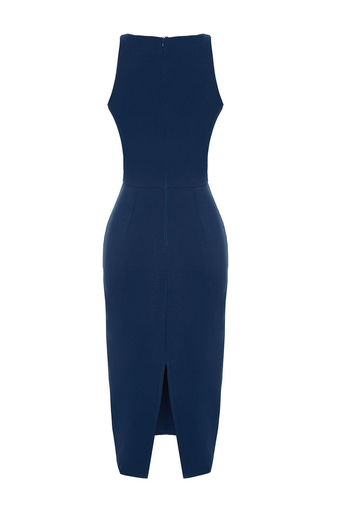 Blue Midi Detailed Collared Woven Dress, , large image number 6