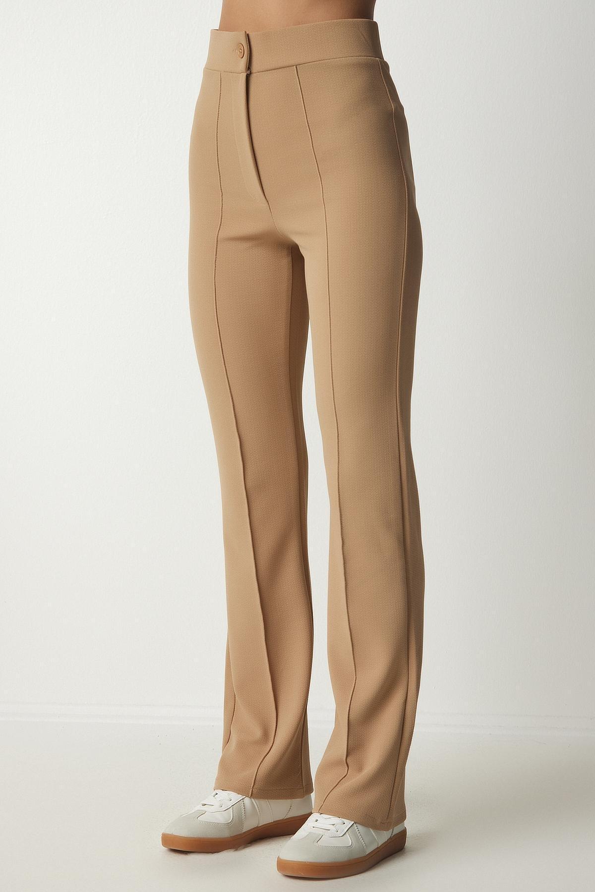 Beige High Waist Casual Pants, CAMEL, large image number 3