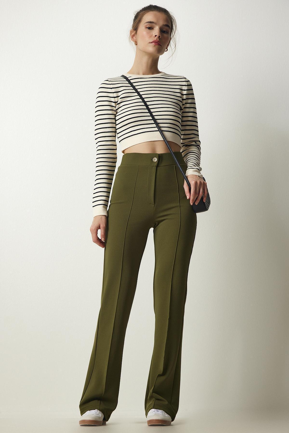 Khaki High Waist Casual Knitted Trousers, Khaki, medium