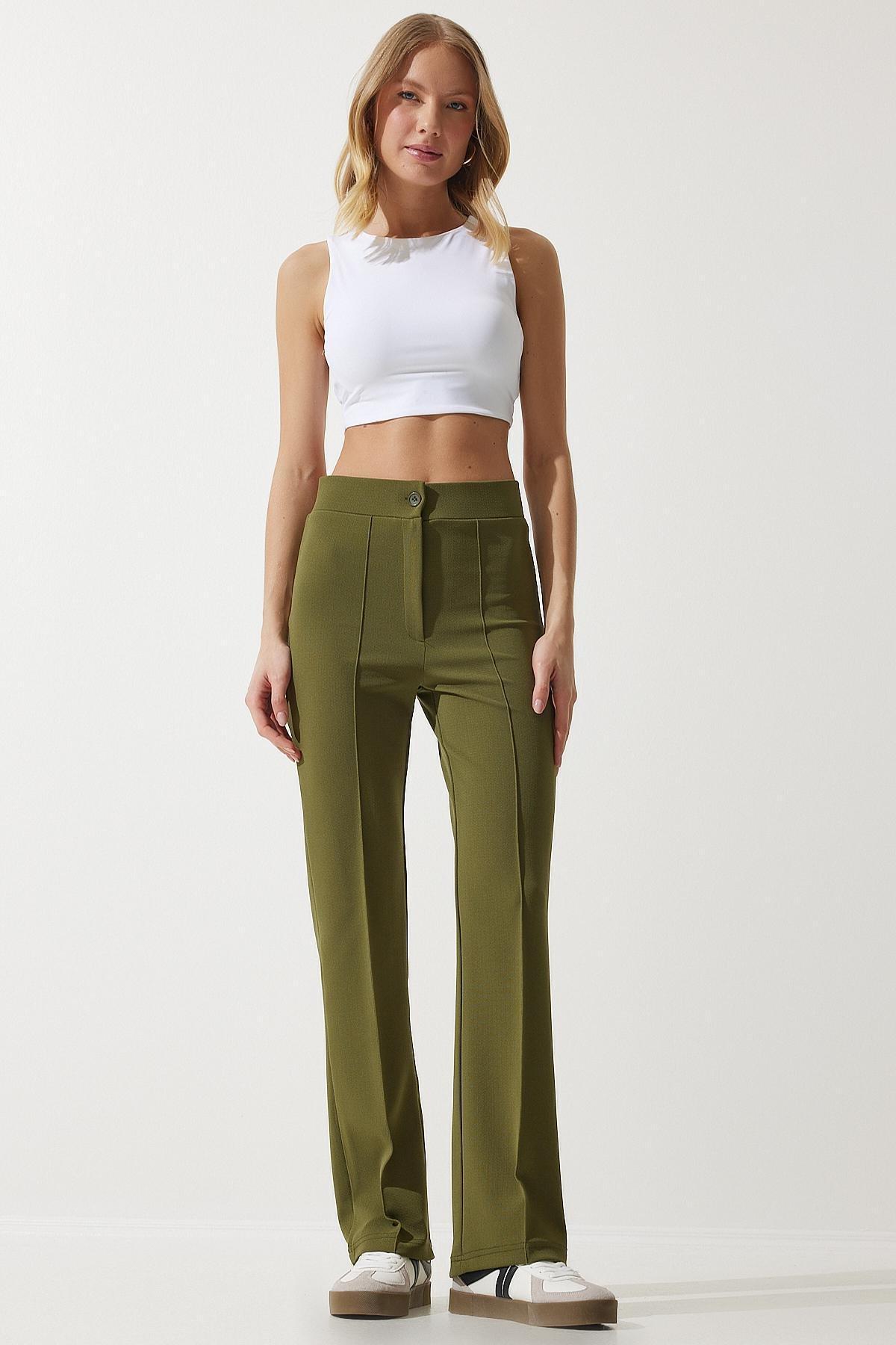 Khaki High Waist Casual Knitted Trousers, Khaki, medium