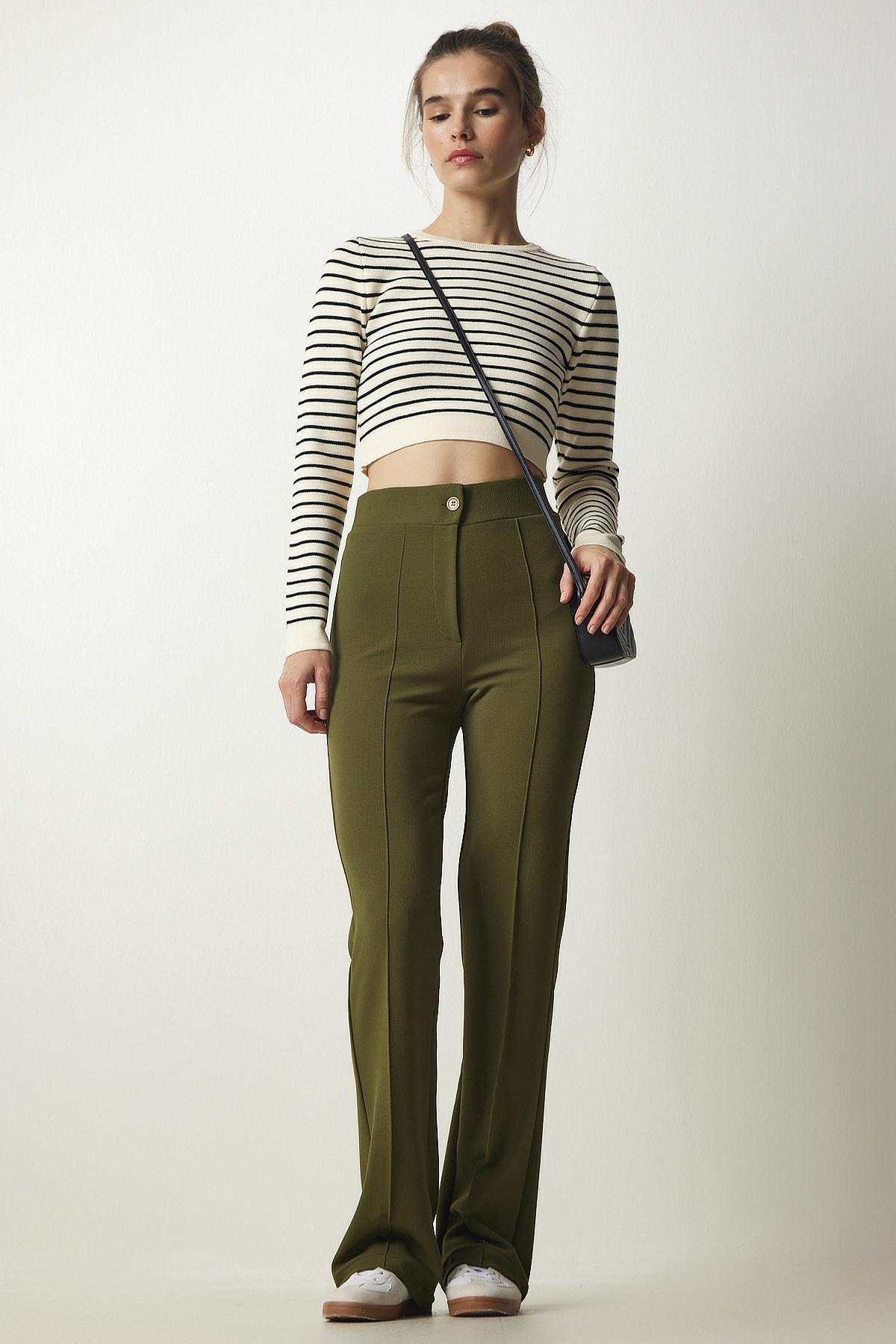 Khaki High Waist Casual Knitted Trousers, Khaki, large image number 2