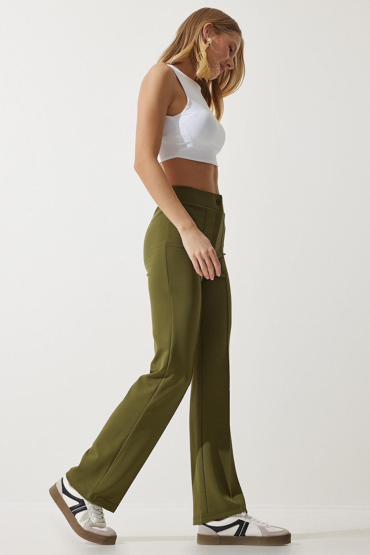 Khaki High Waist Casual Knitted Trousers, Khaki, large image number 3