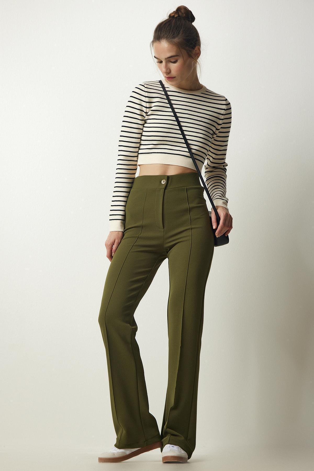 Khaki High Waist Casual Knitted Trousers, Khaki, large image number 4