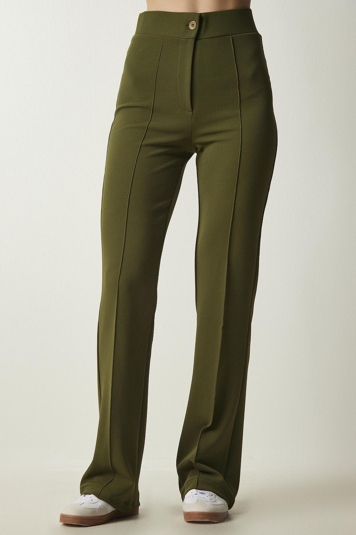 Khaki High Waist Casual Knitted Trousers, Khaki, large image number 6