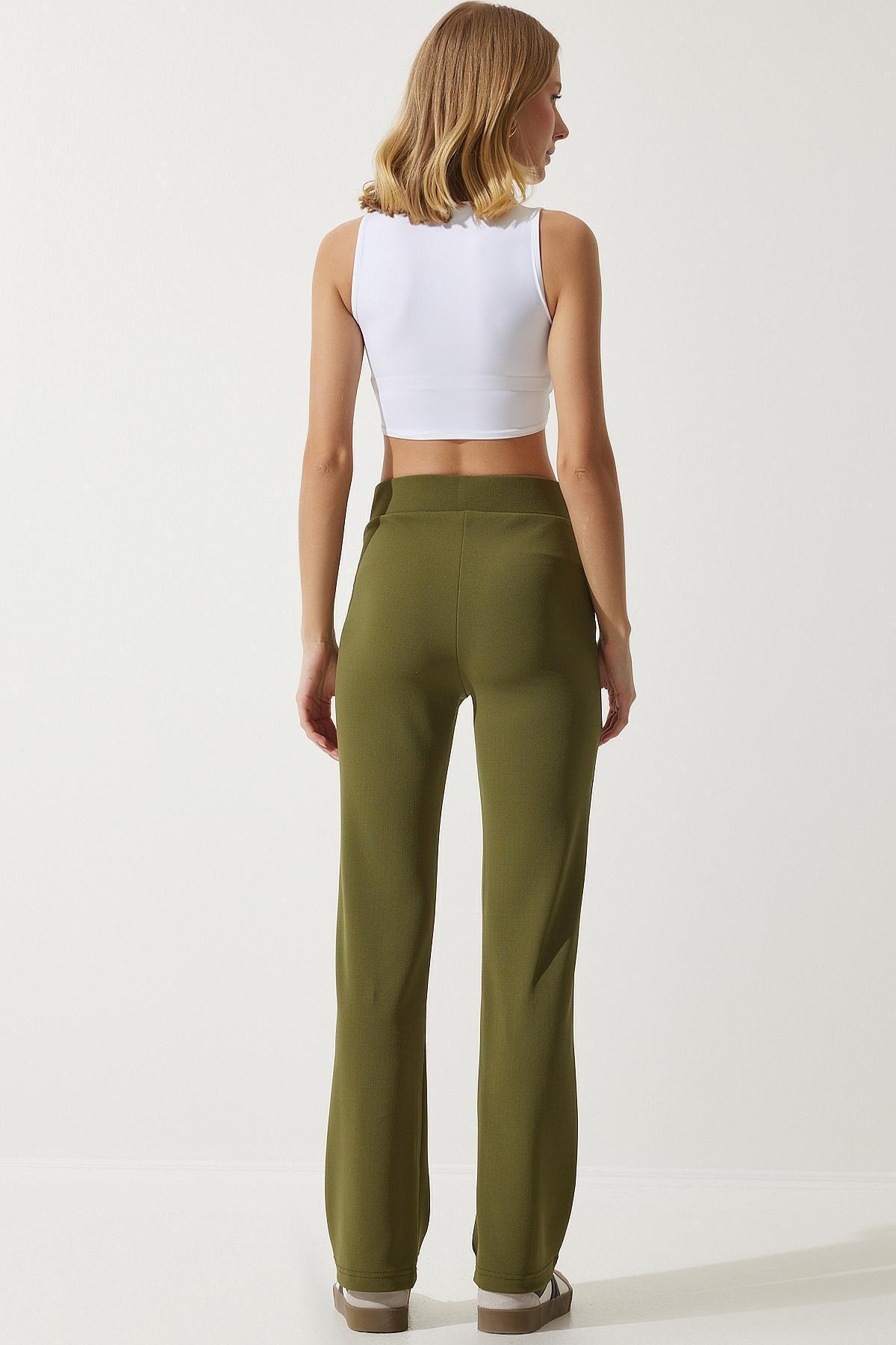 Khaki High Waist Casual Knitted Trousers, Khaki, large image number 9