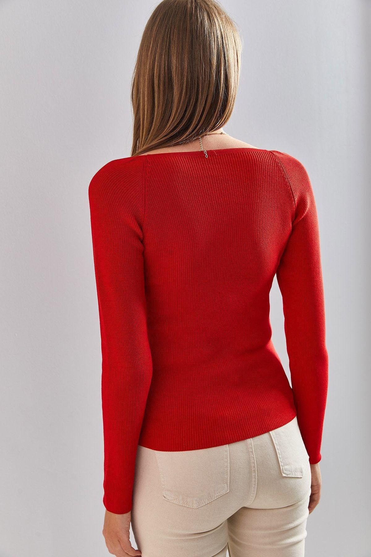 Red Square Neck Knitted Sweater, Red, large image number 3