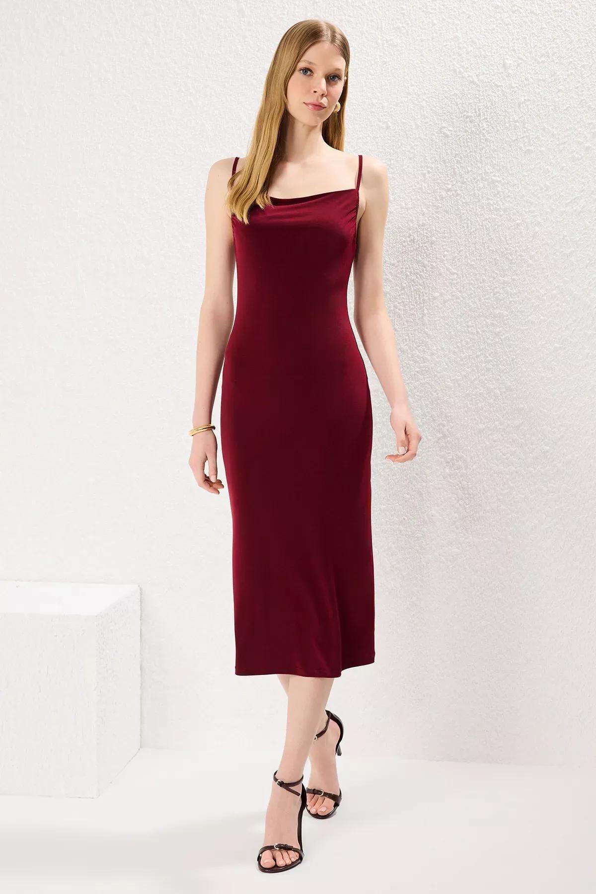 Red Cowl Neck Midi Knitted Pencil Dress, , large image number 0