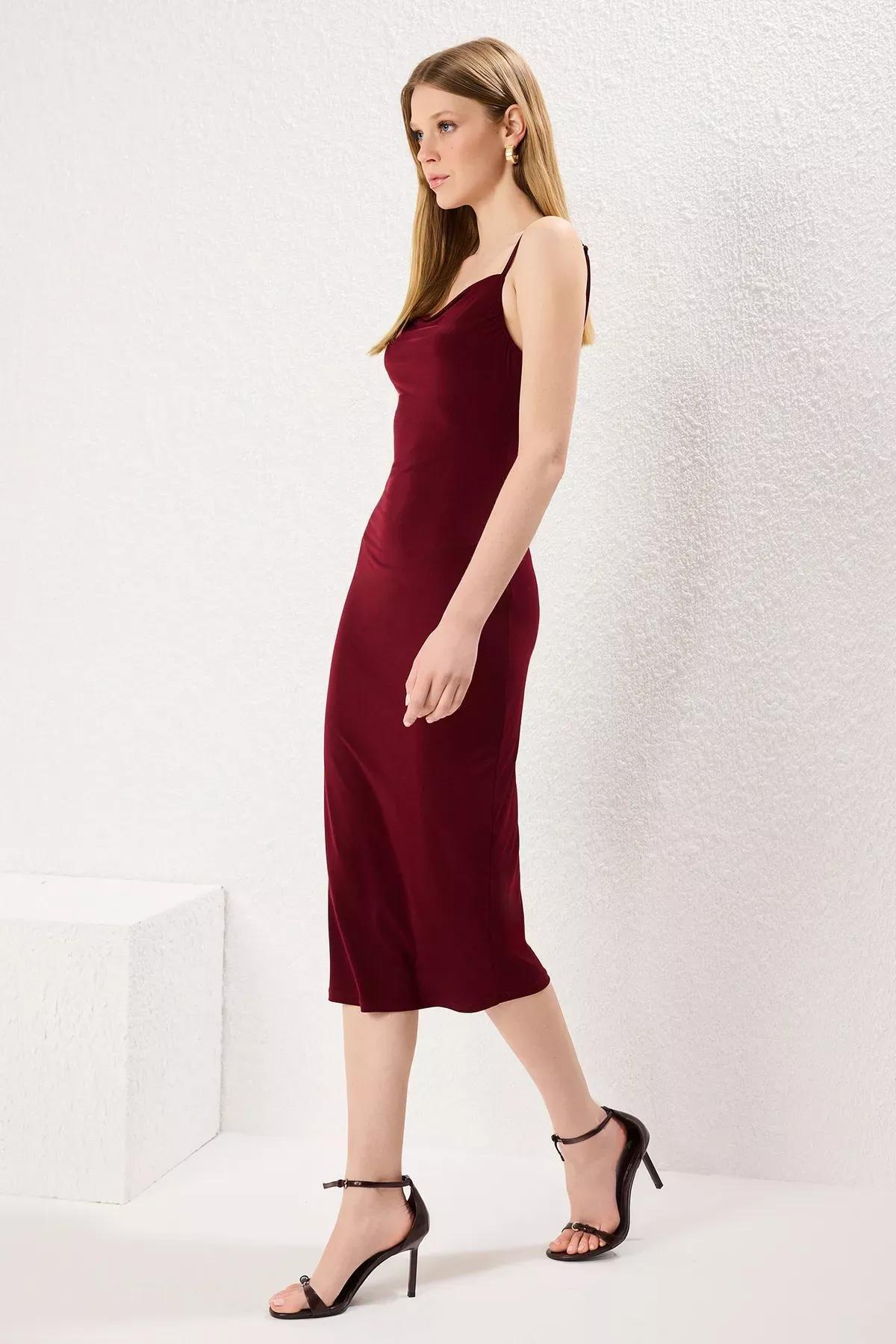 Red Cowl Neck Midi Knitted Pencil Dress, , large image number 1