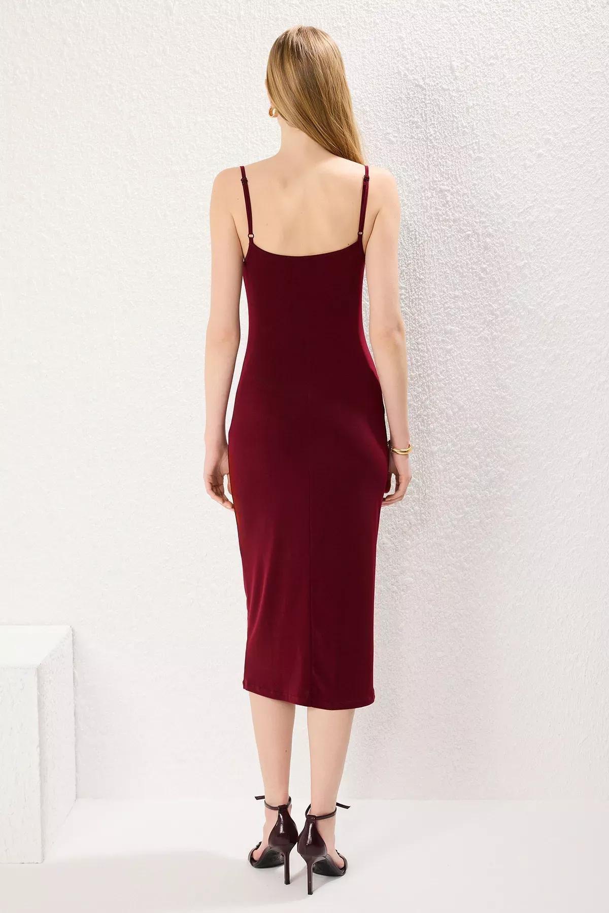 Red Cowl Neck Midi Knitted Pencil Dress, , large image number 3