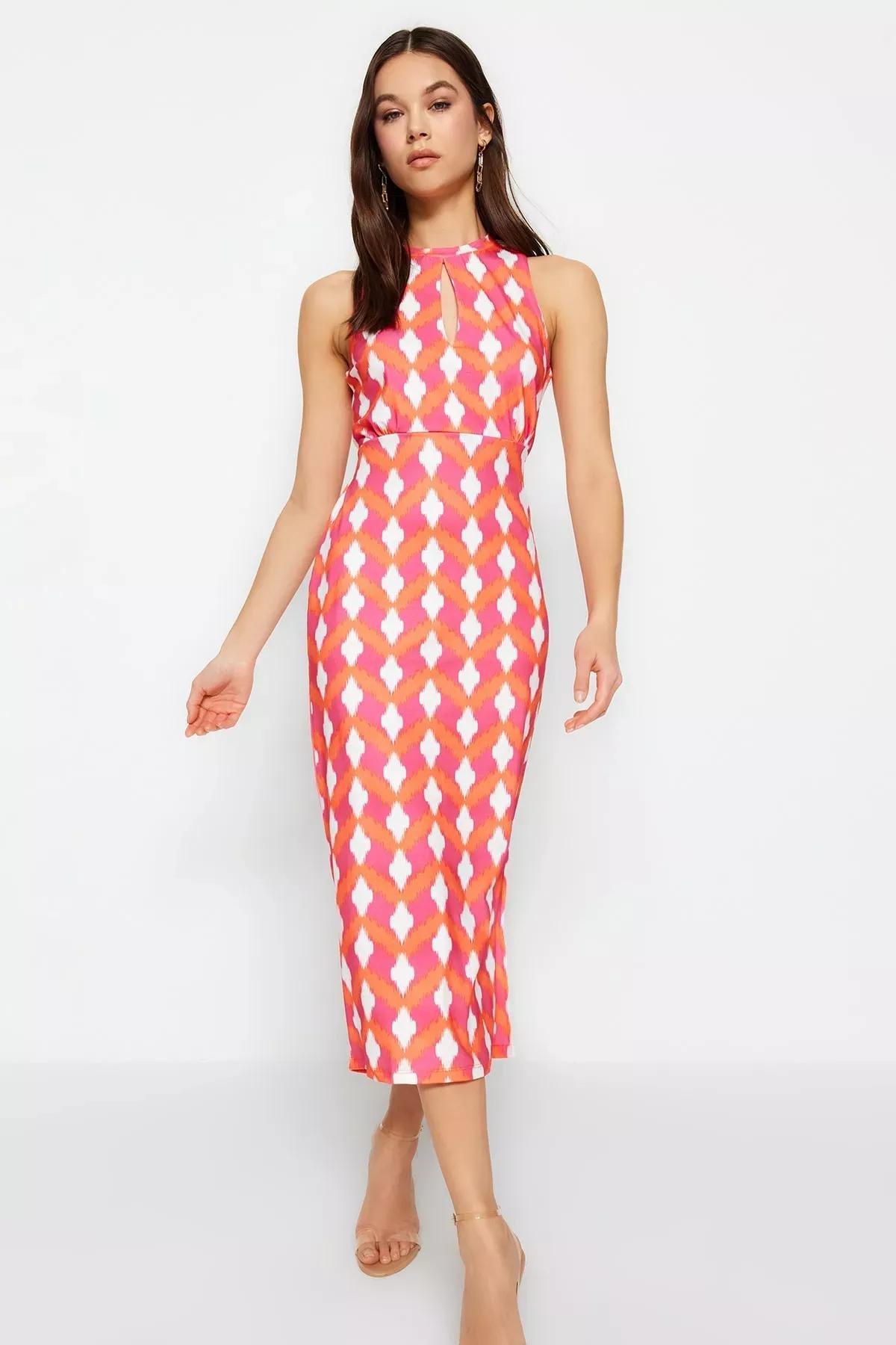 Red Retro Patterned Fitted Detailed Dress, Red, large image number 0