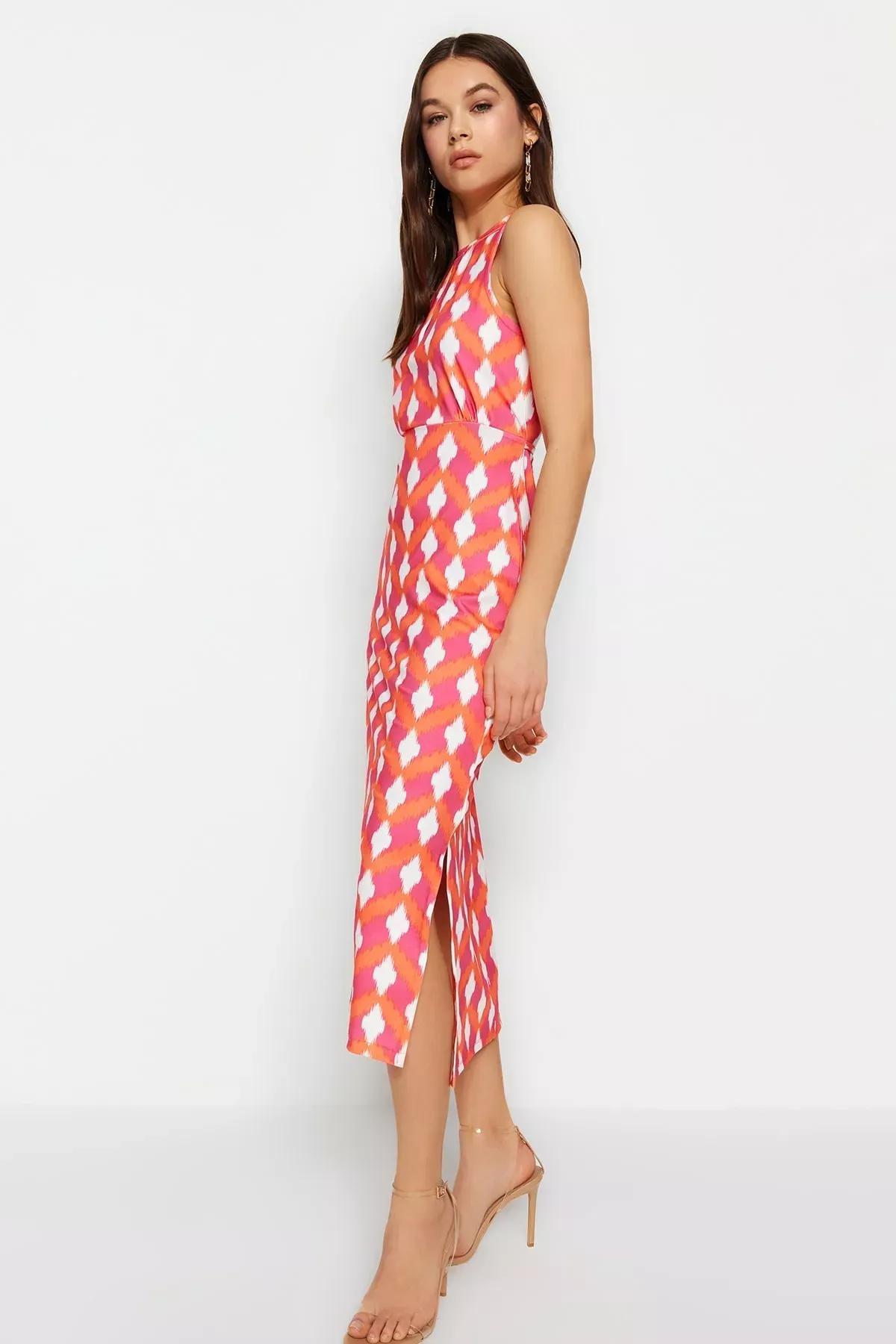 Red Retro Patterned Fitted Detailed Dress, Red, large image number 1